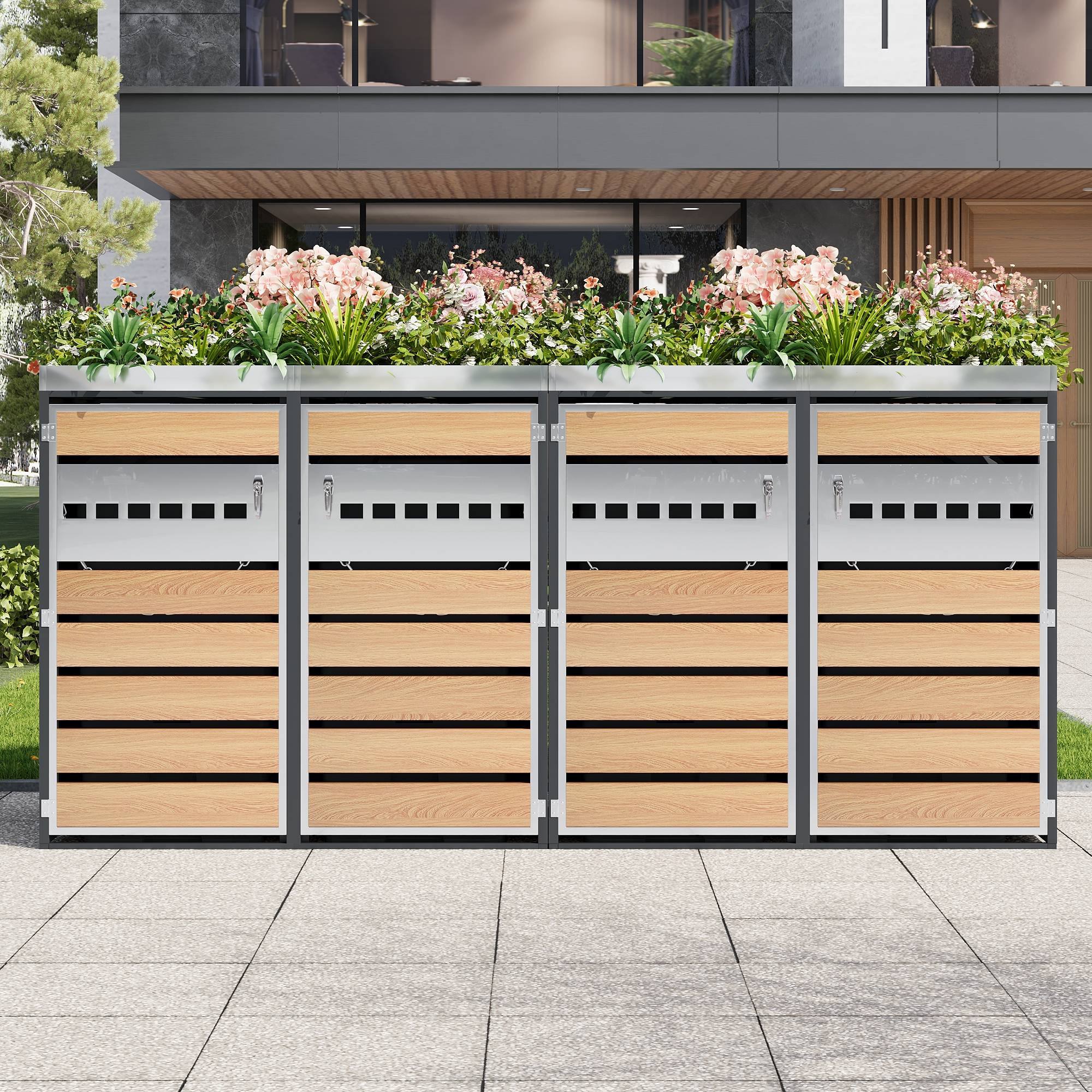 Mülltonnenbox avec bois imitation gris et compartiments séparés, 132 x 80 x 124,5 cm - PANGIVO - Image 2