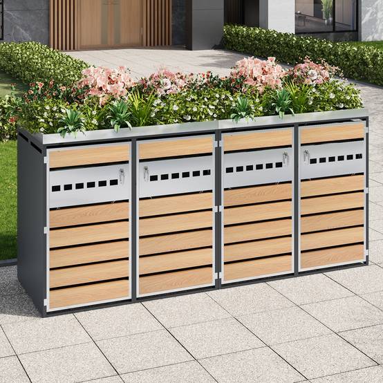 Mülltonnenbox avec bois imitation gris et compartiments séparés, 132 x 80 x 124,5 cm - PANGIVO - Image 6