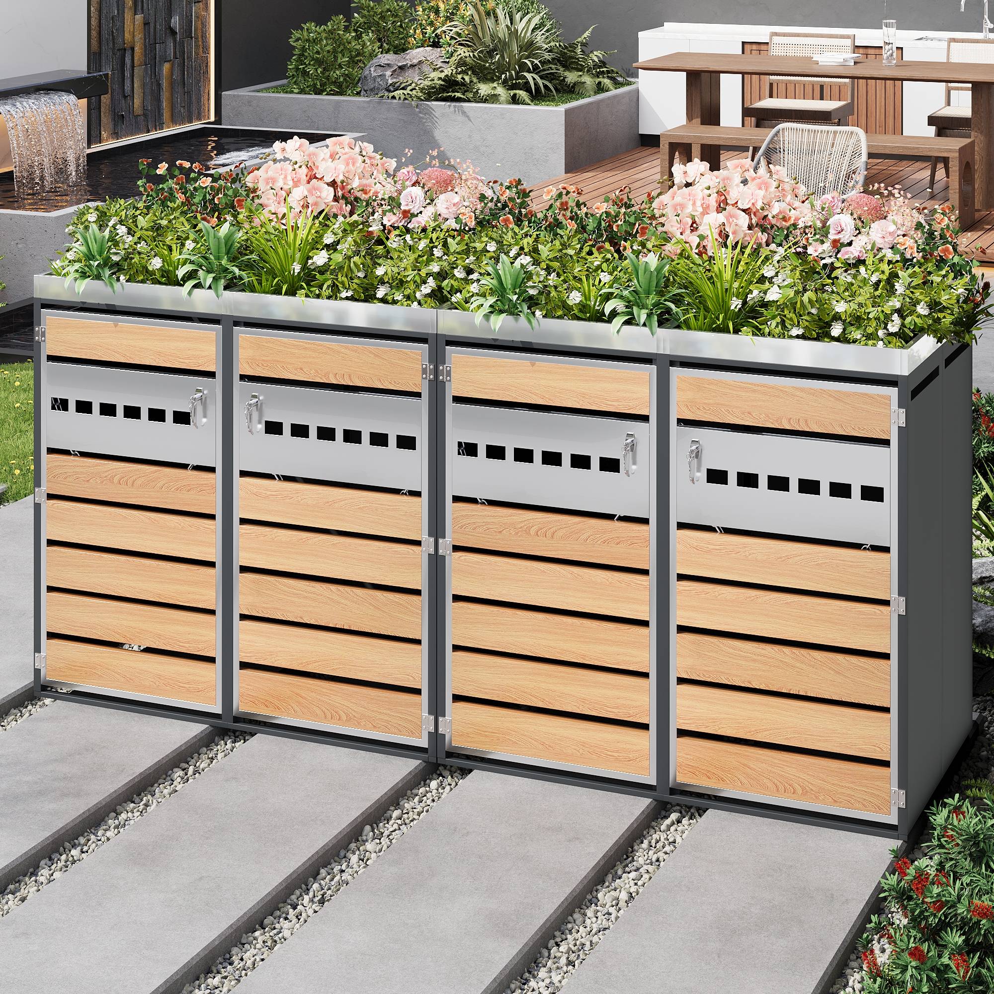 Mülltonnenbox avec bois imitation gris et compartiments séparés, 132 x 80 x 124,5 cm - PANGIVO - Image 9
