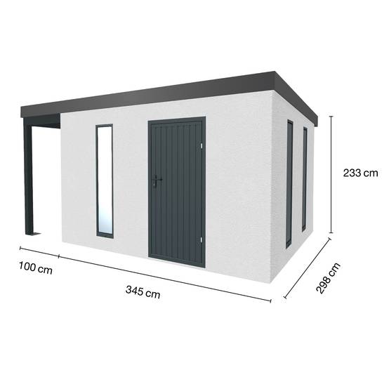 Abri de jardin en métal finition crépi 3450 x 2980 mm blanc avec auvent à gauche 1000 x 2980 mm anthracite - Image 1