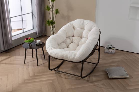 Fauteuil à Bascule en Résine Tressée pour Jardin ou Salon avec Coussin Moelleux Blanc XXL - ComfortXL Outdoor Living - Image 3