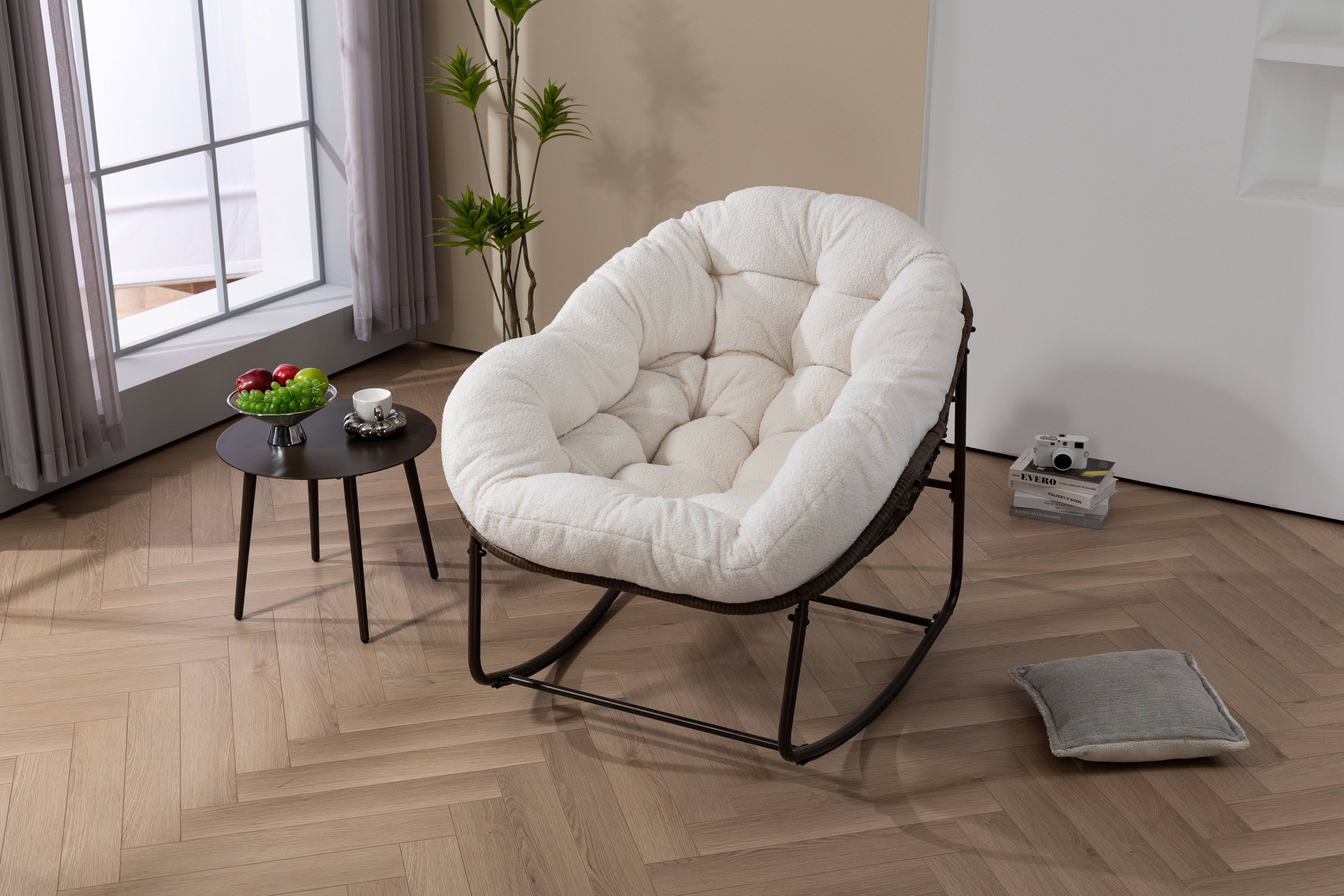 Fauteuil à Bascule en Résine Tressée pour Jardin ou Salon avec Coussin Moelleux Blanc XXL - ComfortXL Outdoor Living - Image 3