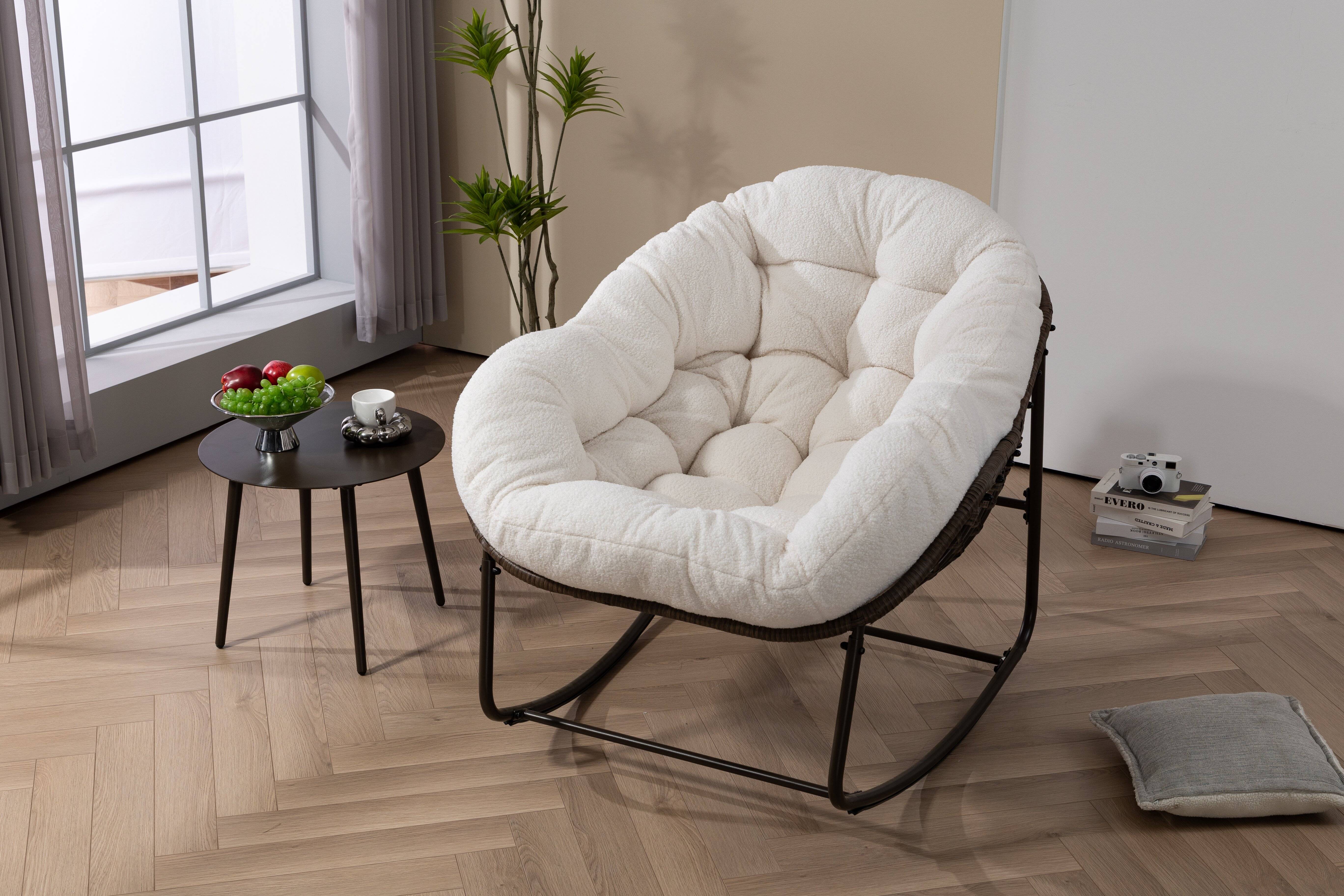 Fauteuil à Bascule en Résine Tressée pour Jardin ou Salon avec Coussin Moelleux Blanc XXL - ComfortXL Outdoor Living - Image 2