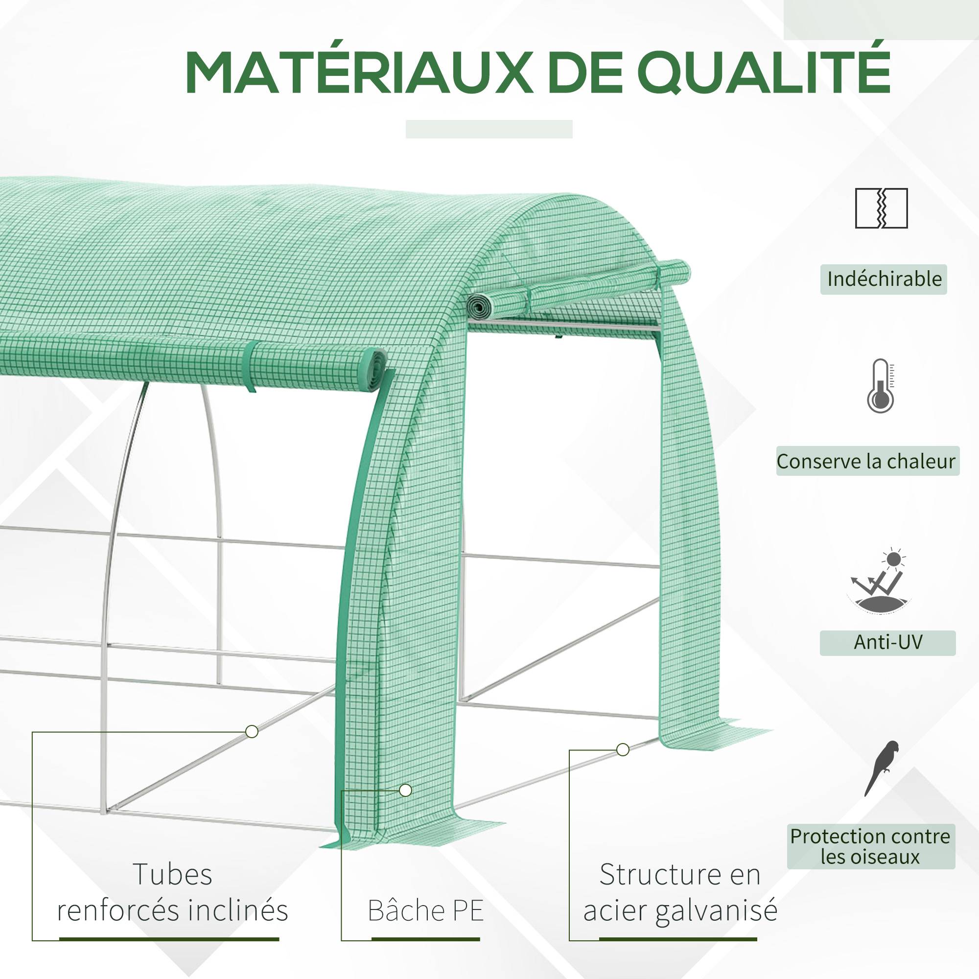 Serre de jardin serre tunnel 18 m² avec porte, parois latérales enroulables 12 fenêtres acier PE 4 x 3 x 2 m vert - Image 9