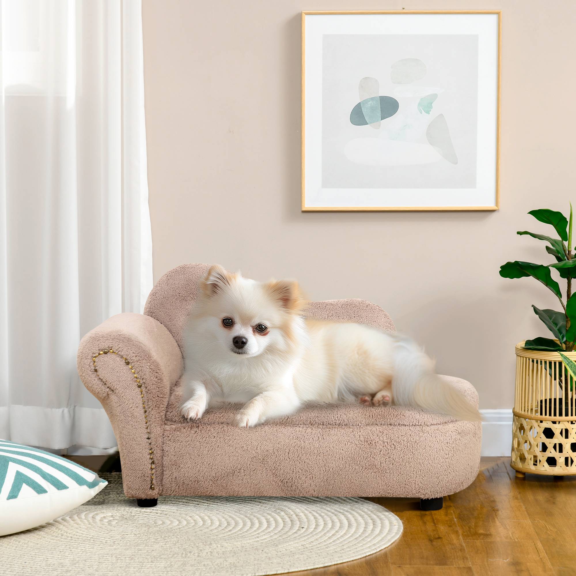 Sans Marque - Canapé surélevé chien rangement rétractable rembourré bois velours 80x40x46 cm beige - Image 3
