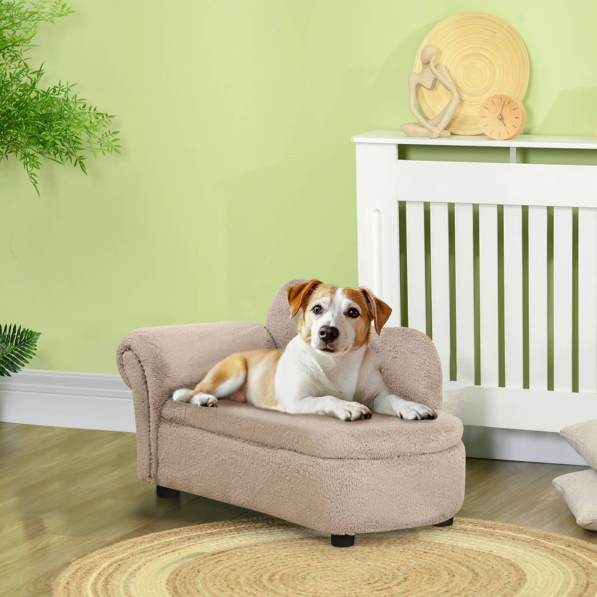 Sans Marque - Canapé surélevé chien rangement rétractable rembourré bois velours 80x40x46 cm beige - Image 4