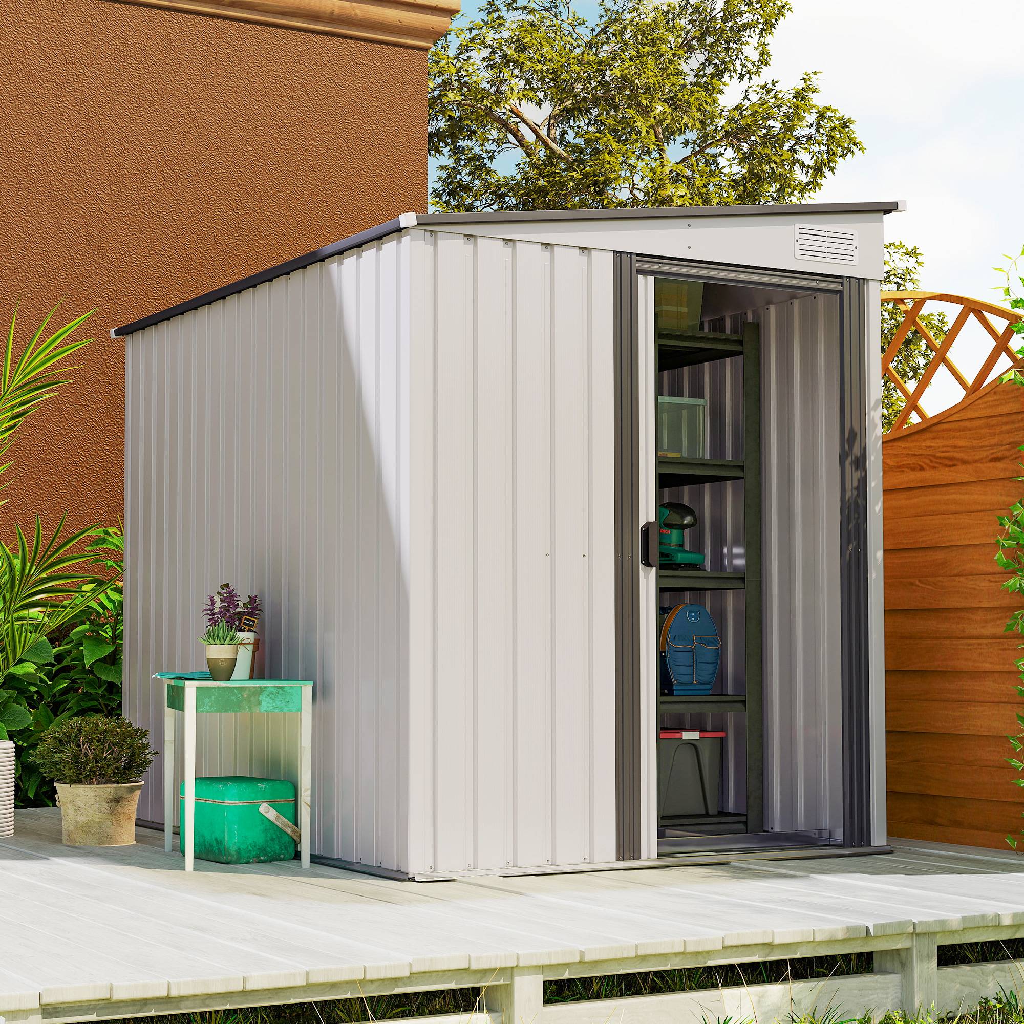 Abri de jardin métal blanc 1,5x2 m avec base, porte coulissante et toit pente extérieur - Image 3