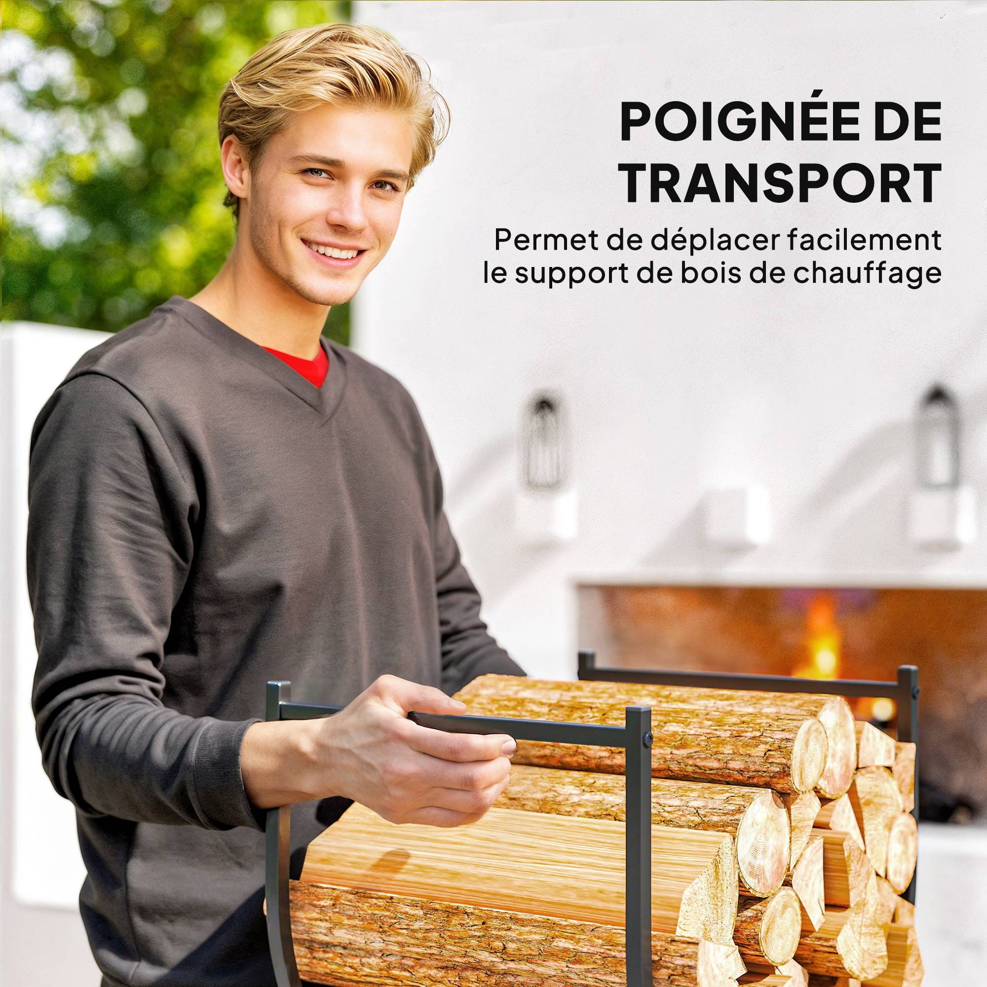 Range-bûches porte buche de cheminée incurvé robust pour intérieur et extérieur, cadre en métal, 43 x 33 x 38 cm, noir - Image 7