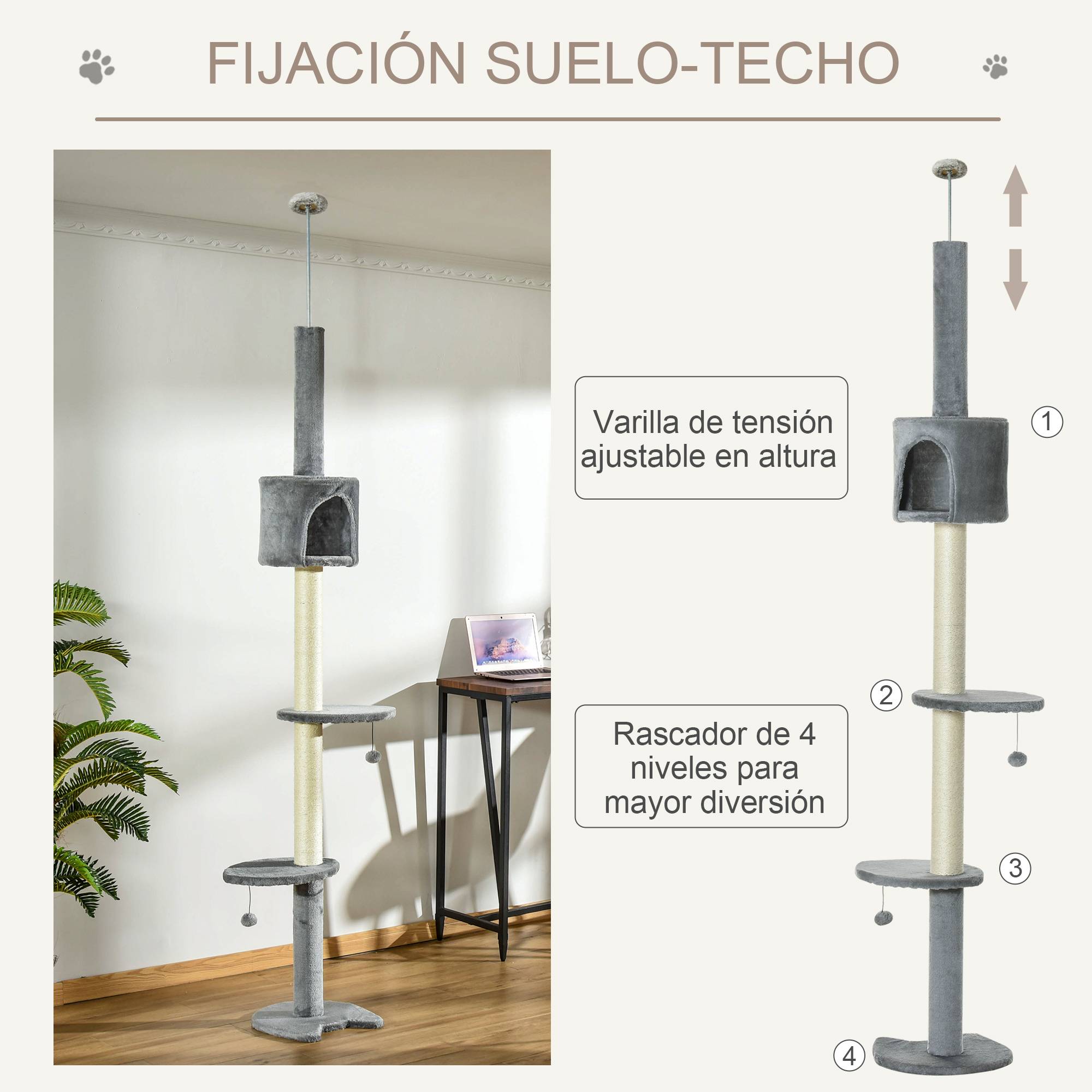 Arbre à Chat Fixation Plafond 255 cm avec Plateformes, Grotte, Poteaux Sisal et Balles Suspendues, Gris Clair - Image 7