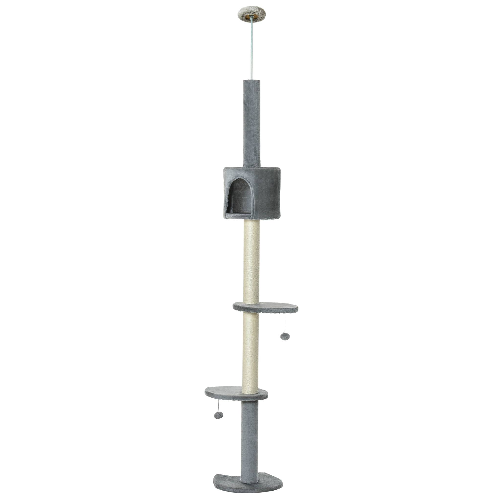 Arbre à Chat Fixation Plafond 255 cm avec Plateformes, Grotte, Poteaux Sisal et Balles Suspendues, Gris Clair - Image 2