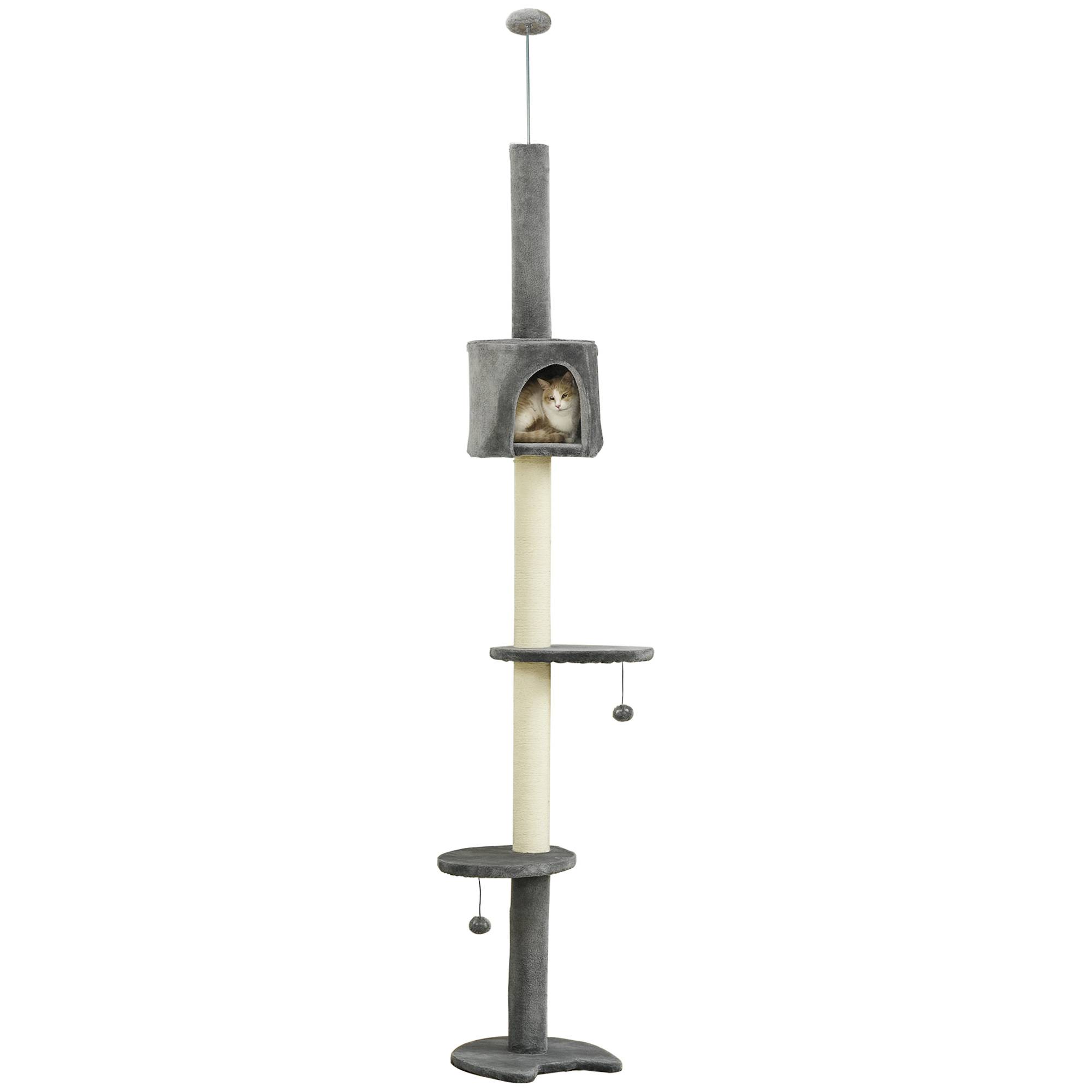 Arbre à Chat Fixation Plafond 255 cm avec Plateformes, Grotte, Poteaux Sisal et Balles Suspendues, Gris Clair - Image 1