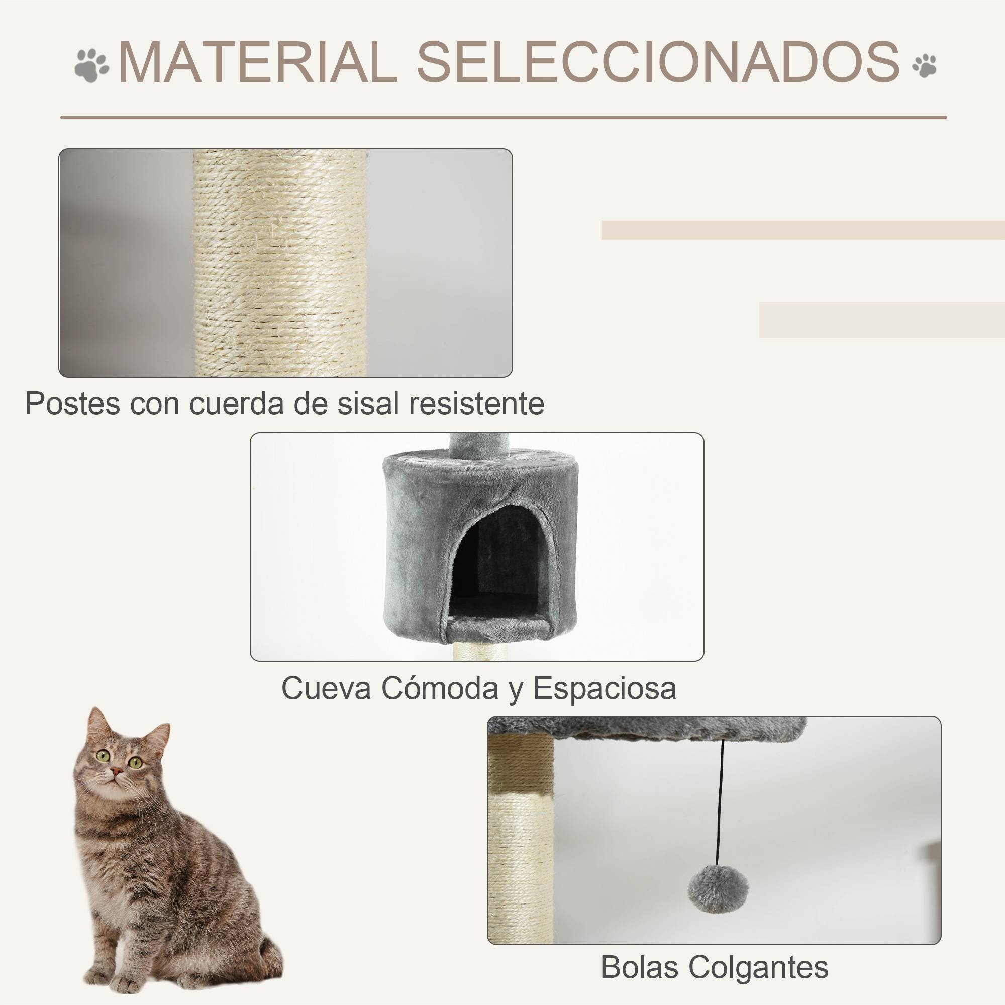 Arbre à Chat Fixation Plafond 255 cm avec Plateformes, Grotte, Poteaux Sisal et Balles Suspendues, Gris Clair - Image 8