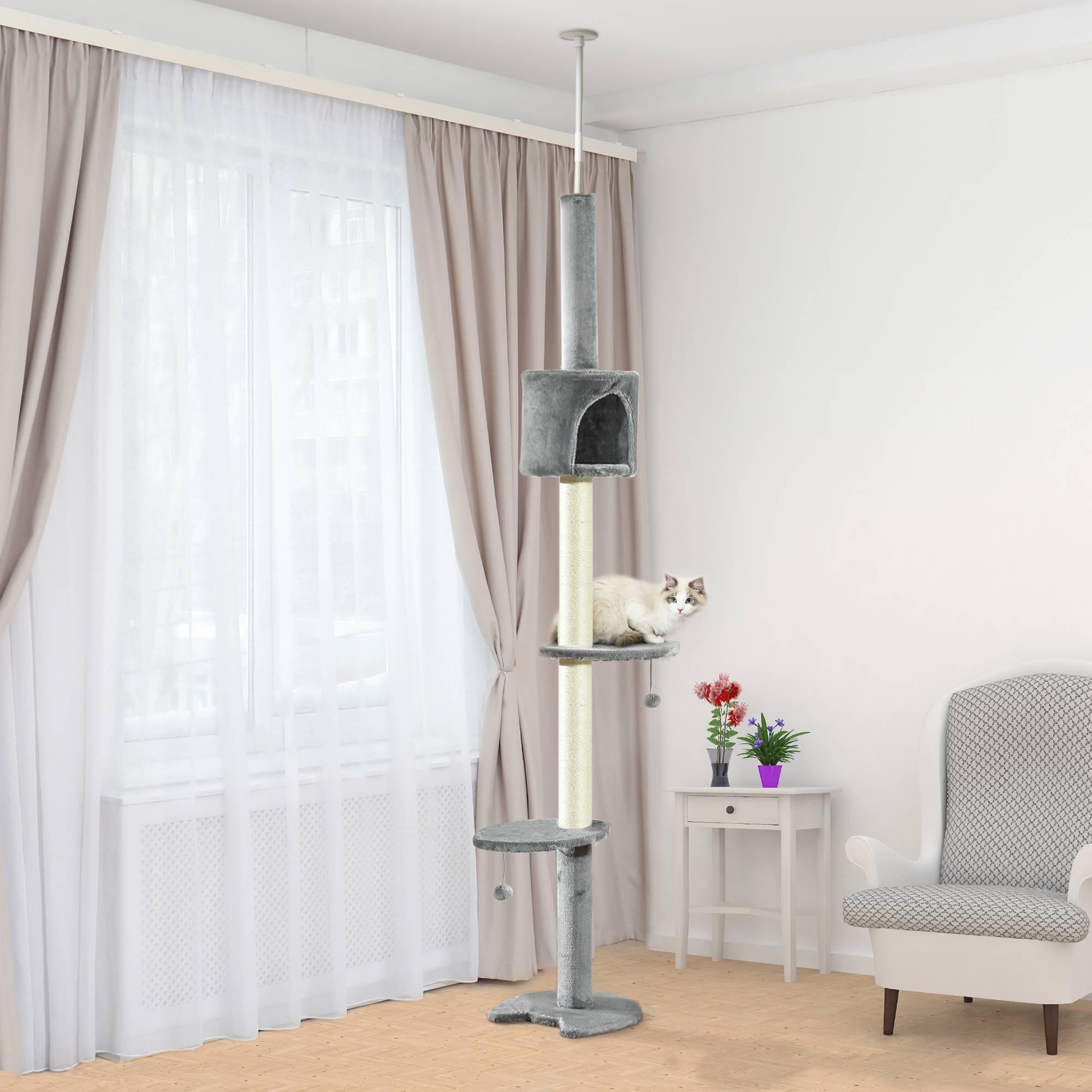Arbre à Chat Fixation Plafond 255 cm avec Plateformes, Grotte, Poteaux Sisal et Balles Suspendues, Gris Clair - Image 3