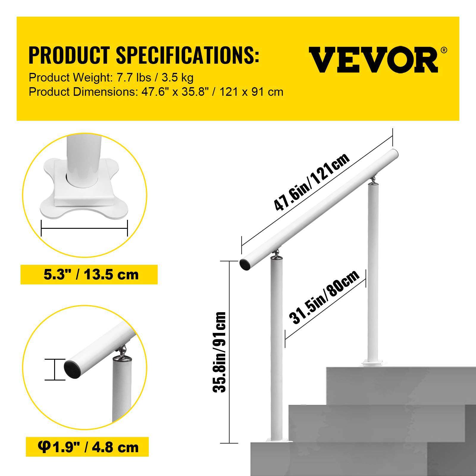 Vevor - VEVOR Kit main courante balustrade aluminium/fer blanc 121x91 cm pour escalier extérieur solide. - Image 7