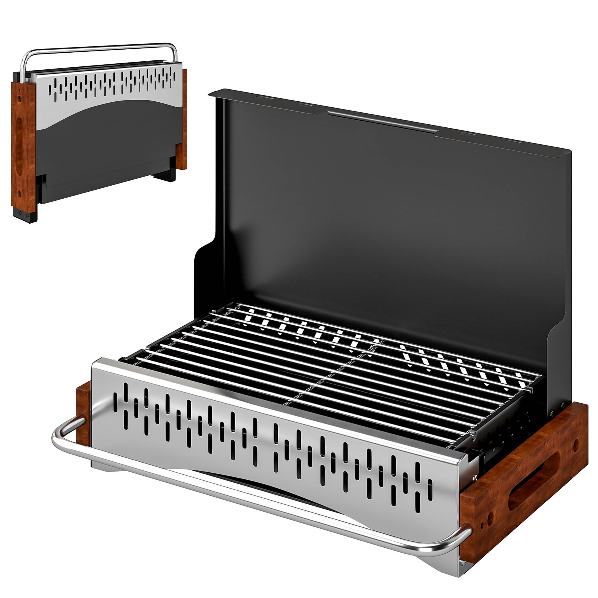 Sans Marque - Barbecue pliable au charbon de bois, portable, 50,5 x 34 x 33 cm, avec bac à charbon amovible, idéal pour le camping et les pique-niques, noir. - Image 2
