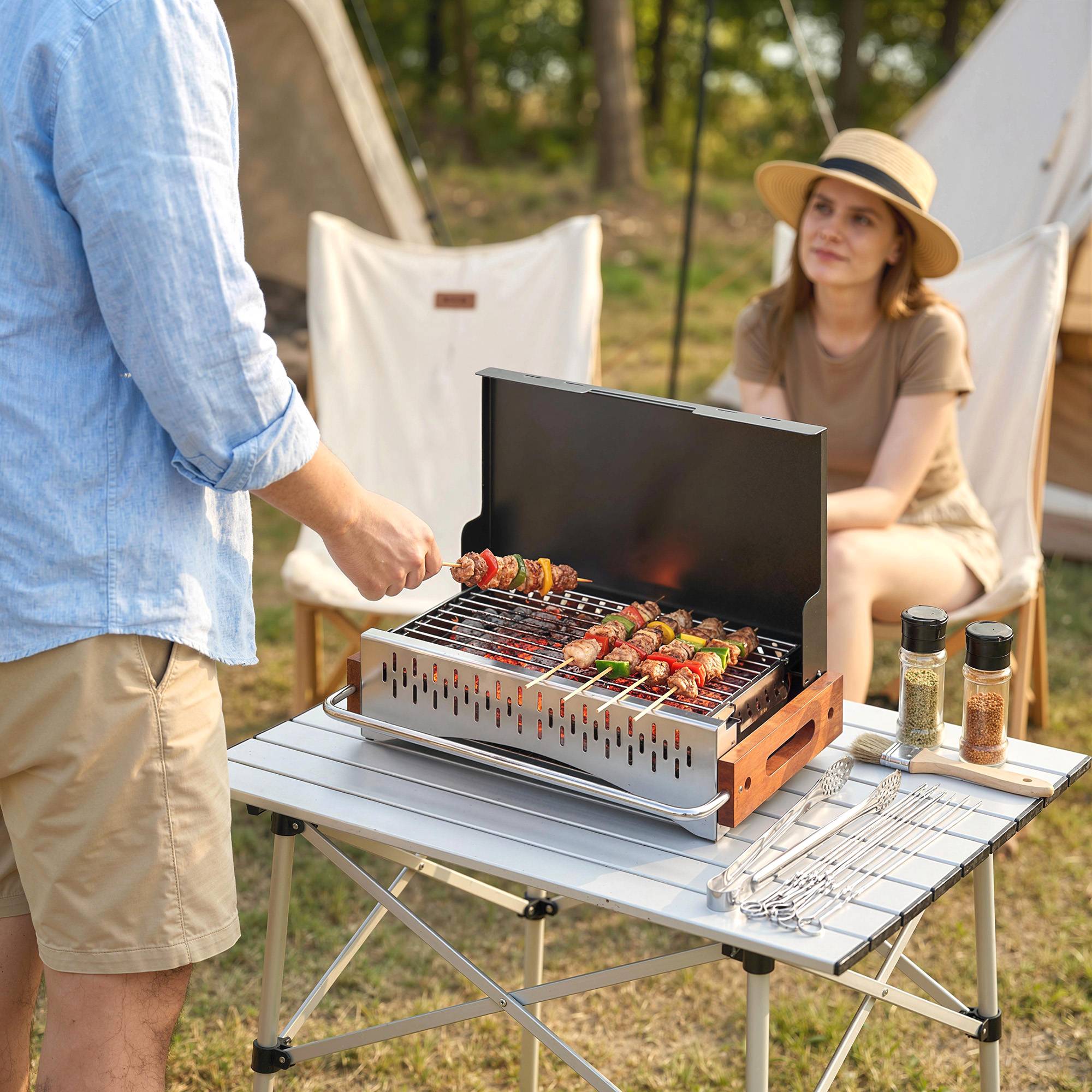 Sans Marque - Barbecue pliable au charbon de bois, portable, 50,5 x 34 x 33 cm, avec bac à charbon amovible, idéal pour le camping et les pique-niques, noir. - Image 4