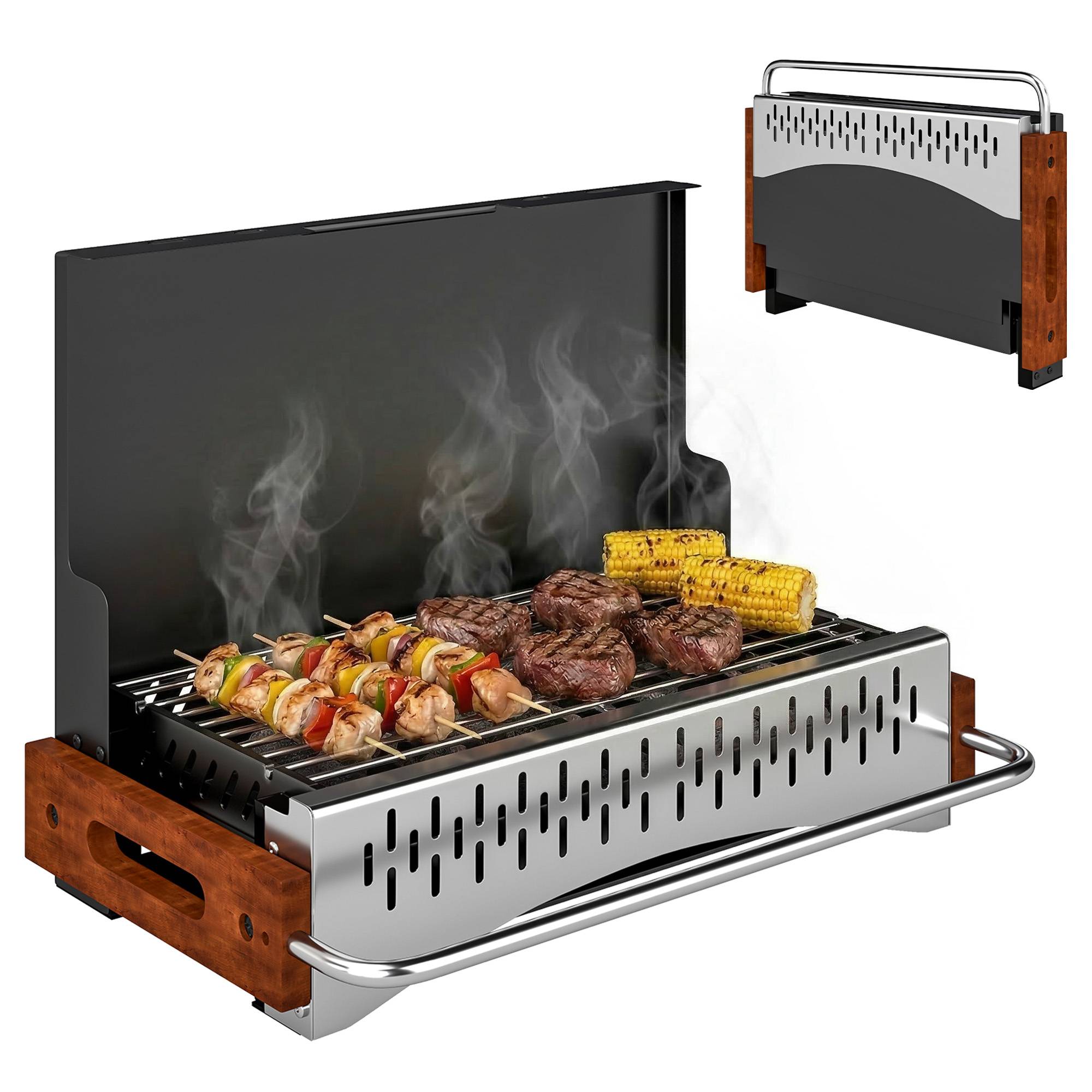 Sans Marque - Barbecue pliable au charbon de bois, portable, 50,5 x 34 x 33 cm, avec bac à charbon amovible, idéal pour le camping et les pique-niques, noir. - Image 1