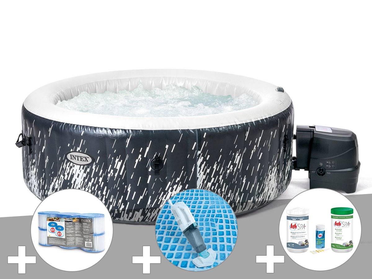 Kit spa gonflable Intex PureSpa Galaxie rond Bulles avec LED 4 places + 6 filtres + Aspirateur + Kit de traitement brome