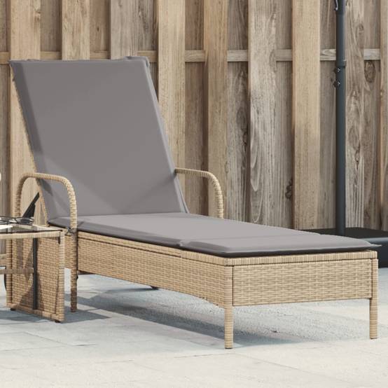 Chaise longue | Transat | Bain de soleil avec roues et coussin beige résine tressée - Image 2
