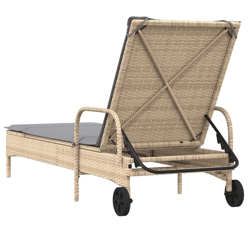 Chaise longue | Transat | Bain de soleil avec roues et coussin beige résine tressée - Image 6