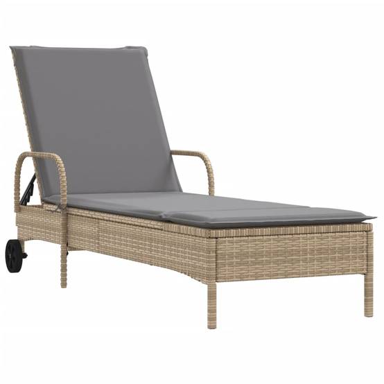 Chaise longue | Transat | Bain de soleil avec roues et coussin beige résine tressée - Image 1