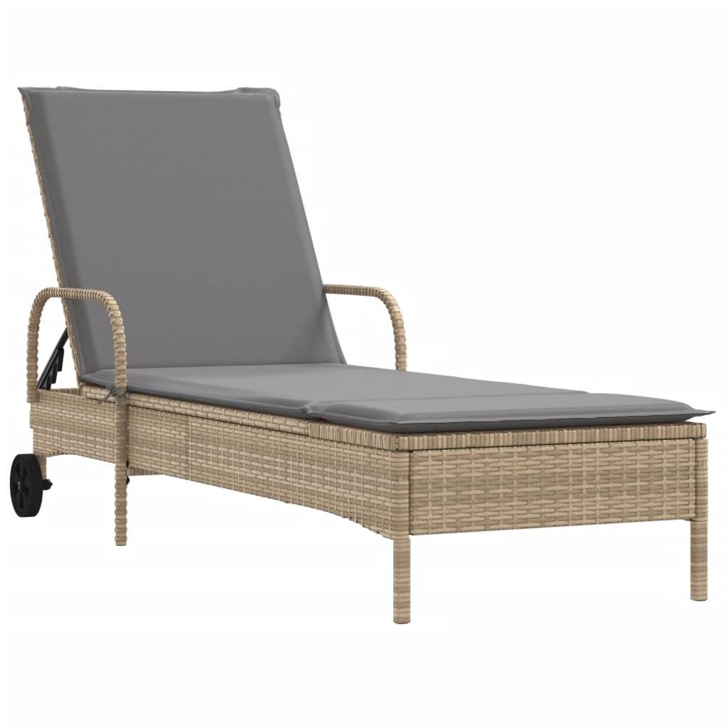 Chaise longue | Transat | Bain de soleil avec roues et coussin beige résine tressée - Image 1