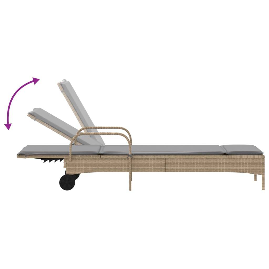 Chaise longue | Transat | Bain de soleil avec roues et coussin beige résine tressée - Image 7