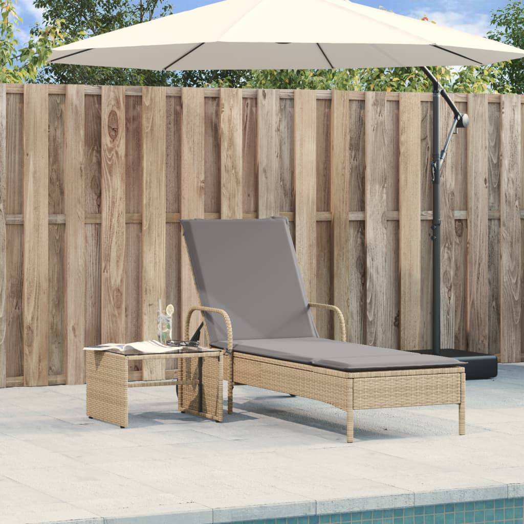 Chaise longue | Transat | Bain de soleil avec roues et coussin beige résine tressée - Image 3