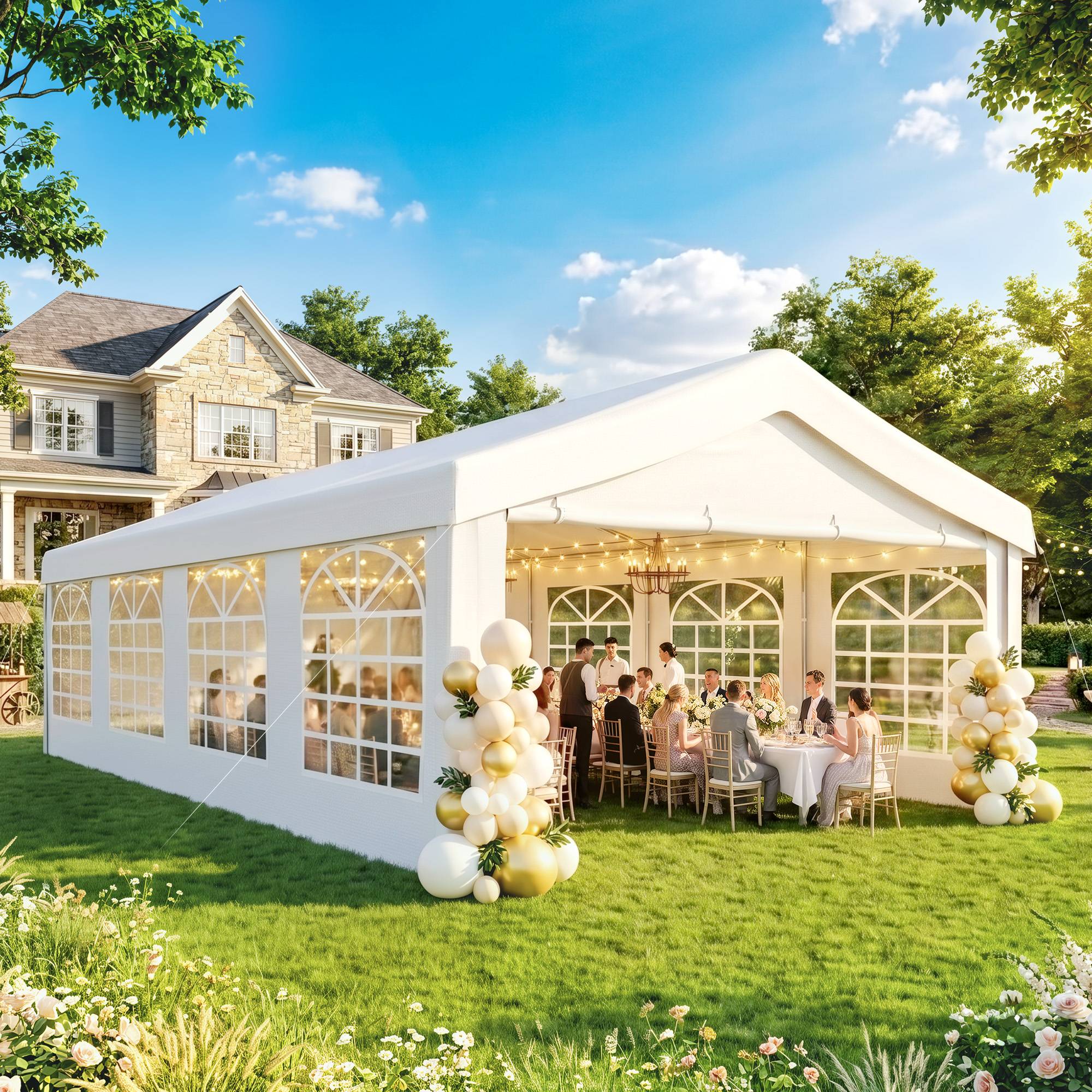 Tente de Réception de Jardin 4x8m, 8 Fenêtres, Cadre en Acier Galvanisé, Toile de Haute Qualité PE Blanc - Image 10