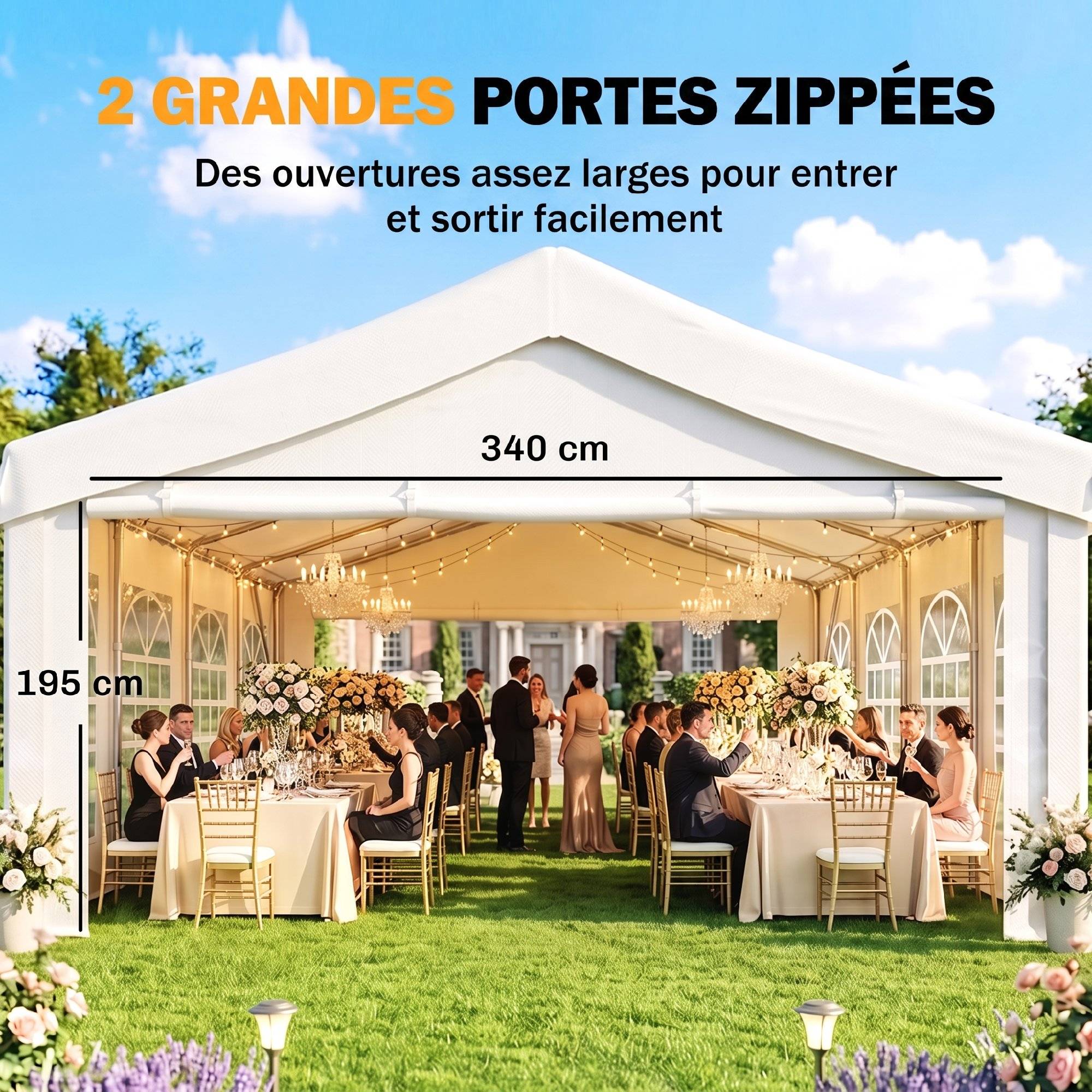 Tente de Réception de Jardin 4x8m, 8 Fenêtres, Cadre en Acier Galvanisé, Toile de Haute Qualité PE Blanc - Image 8