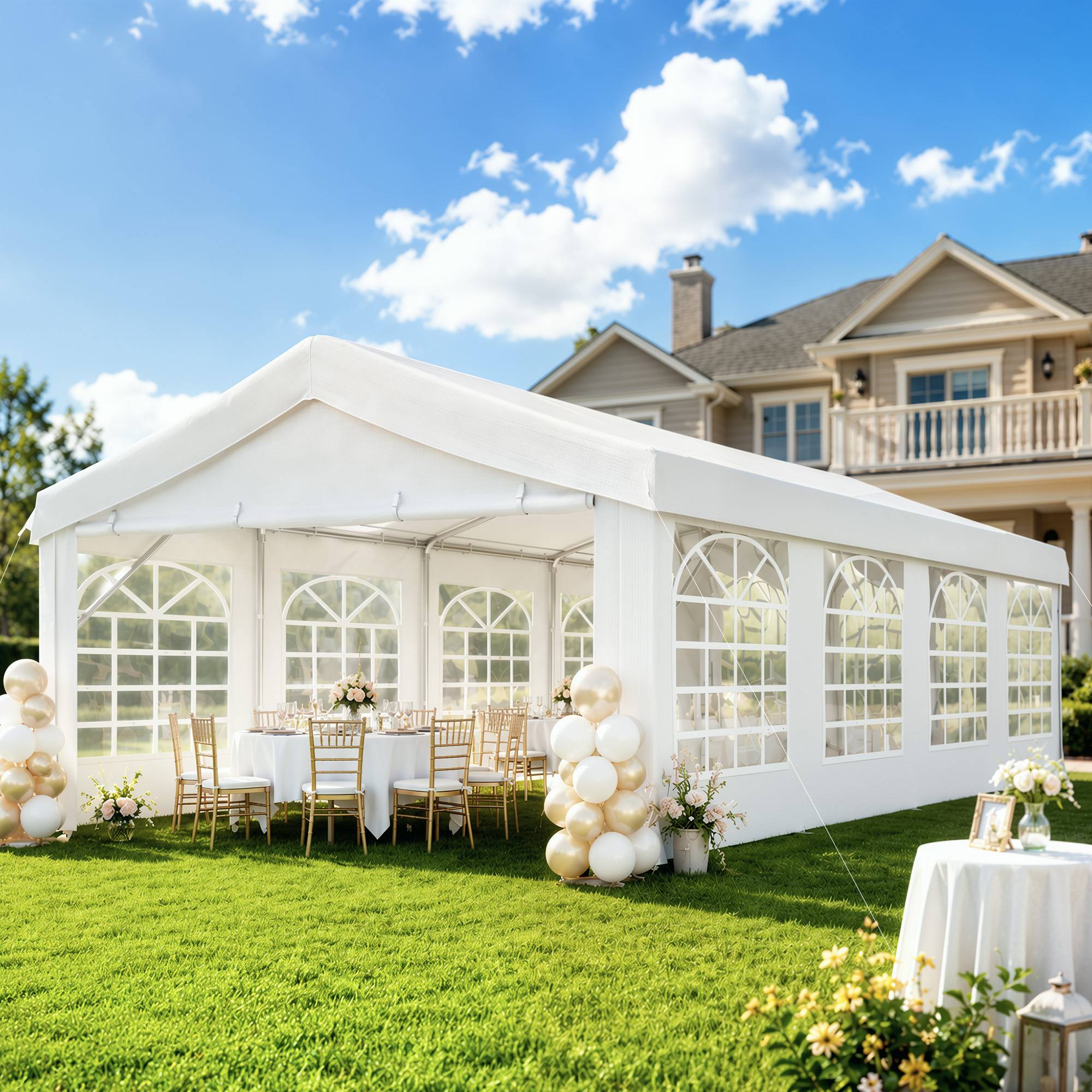 Tente de Réception de Jardin 4x8m, 8 Fenêtres, Cadre en Acier Galvanisé, Toile de Haute Qualité PE Blanc - Image 4