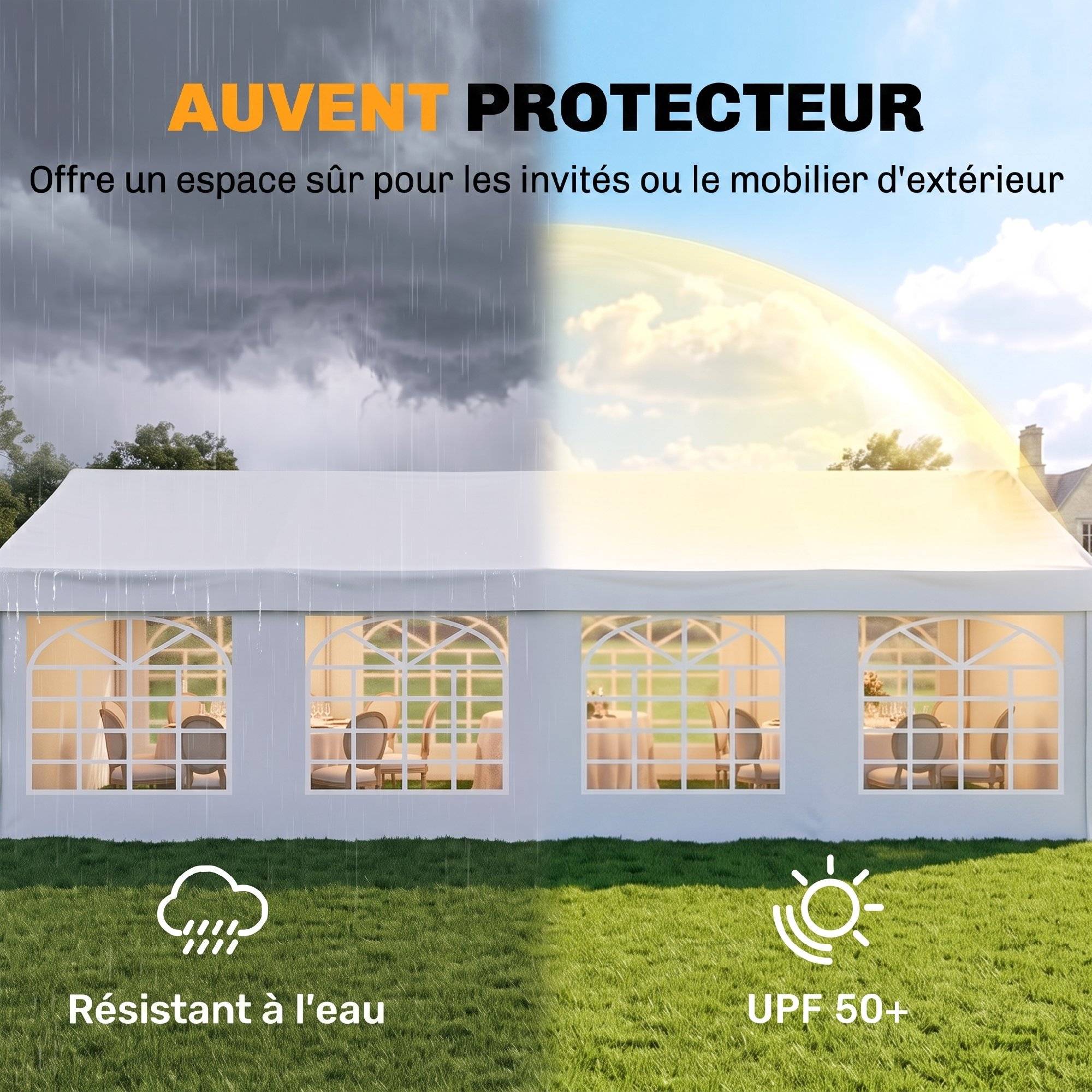 Tente de Réception de Jardin 4x8m, 8 Fenêtres, Cadre en Acier Galvanisé, Toile de Haute Qualité PE Blanc - Image 9