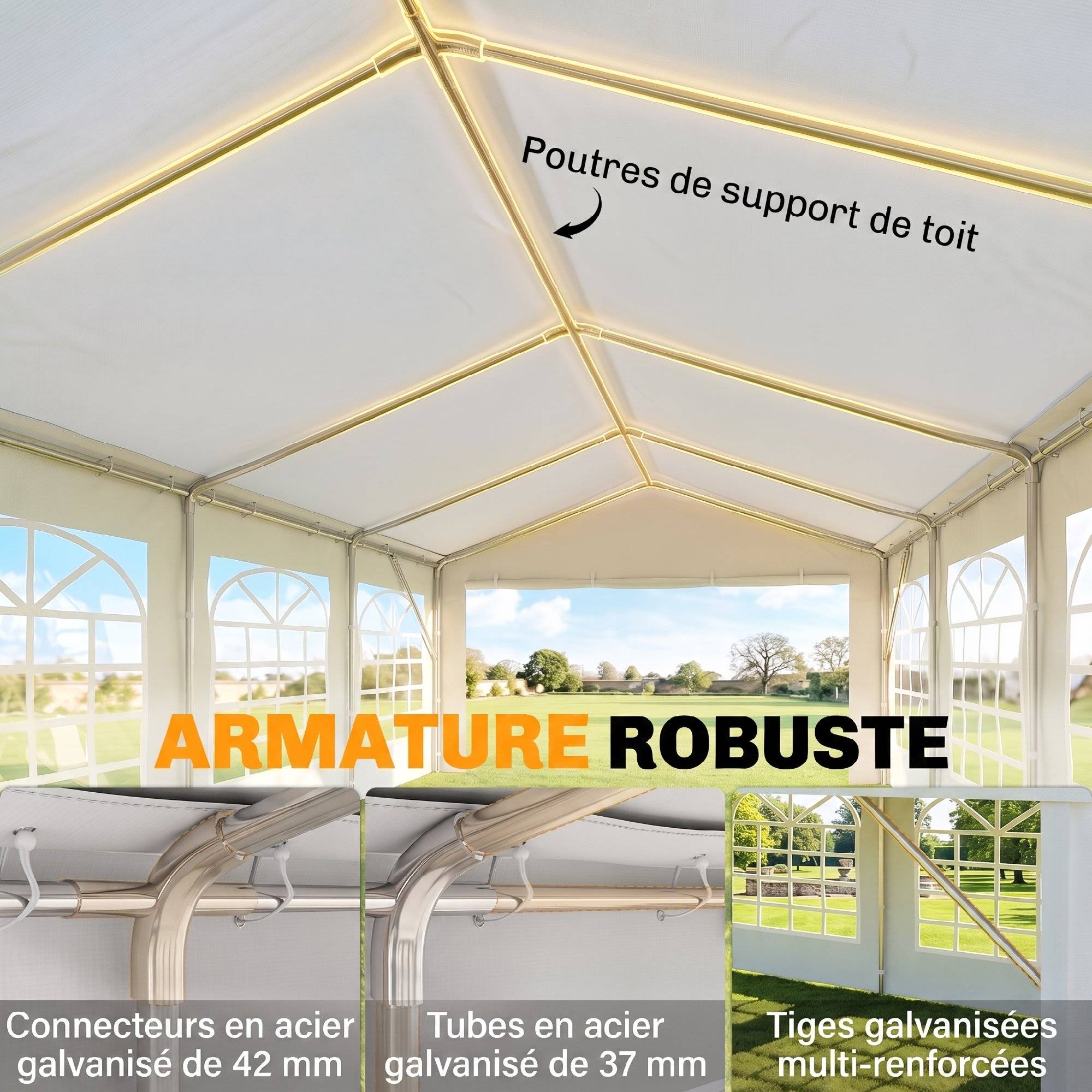 Tente de Réception de Jardin 4x8m, 8 Fenêtres, Cadre en Acier Galvanisé, Toile de Haute Qualité PE Blanc - Image 6