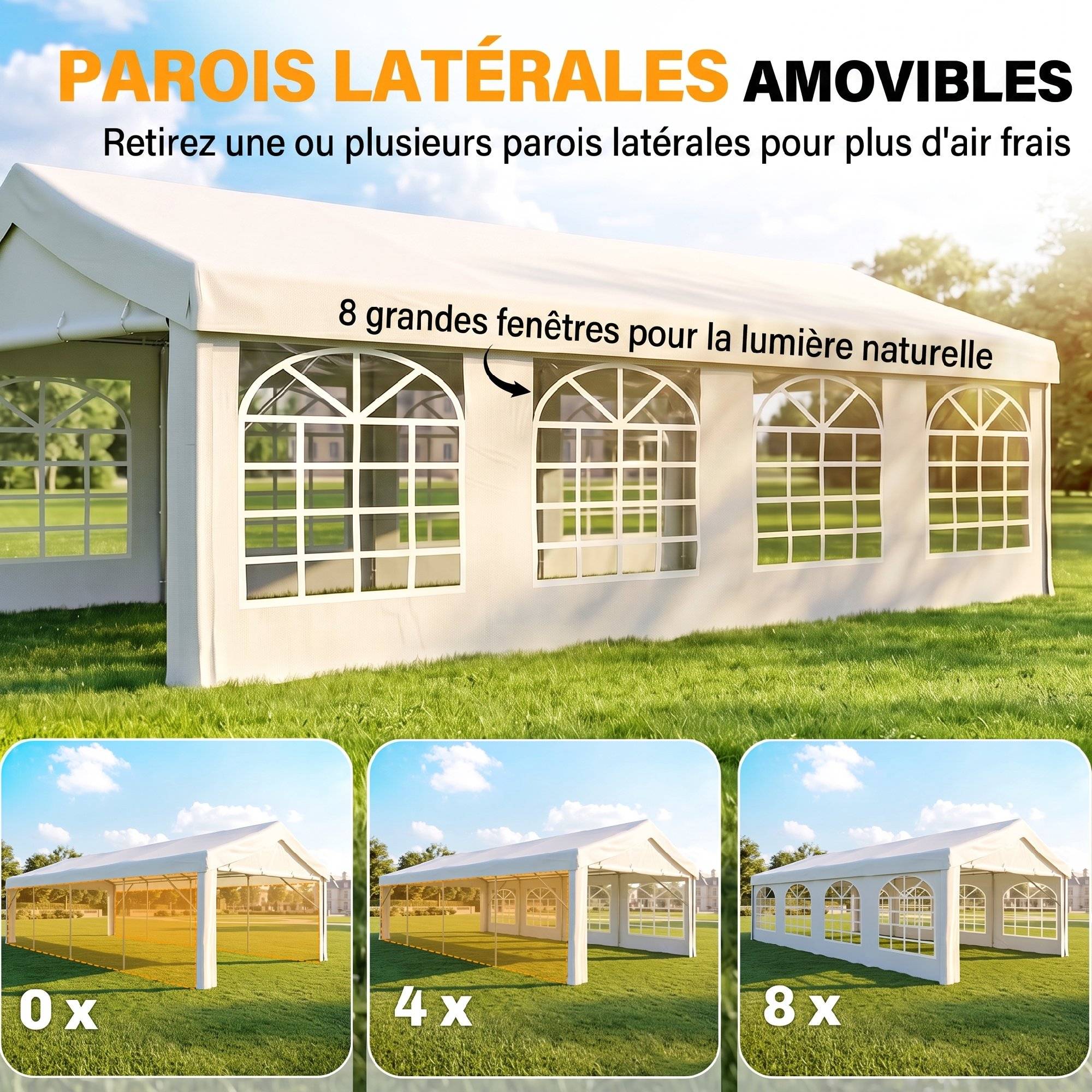 Tente de Réception de Jardin 4x8m, 8 Fenêtres, Cadre en Acier Galvanisé, Toile de Haute Qualité PE Blanc - Image 7