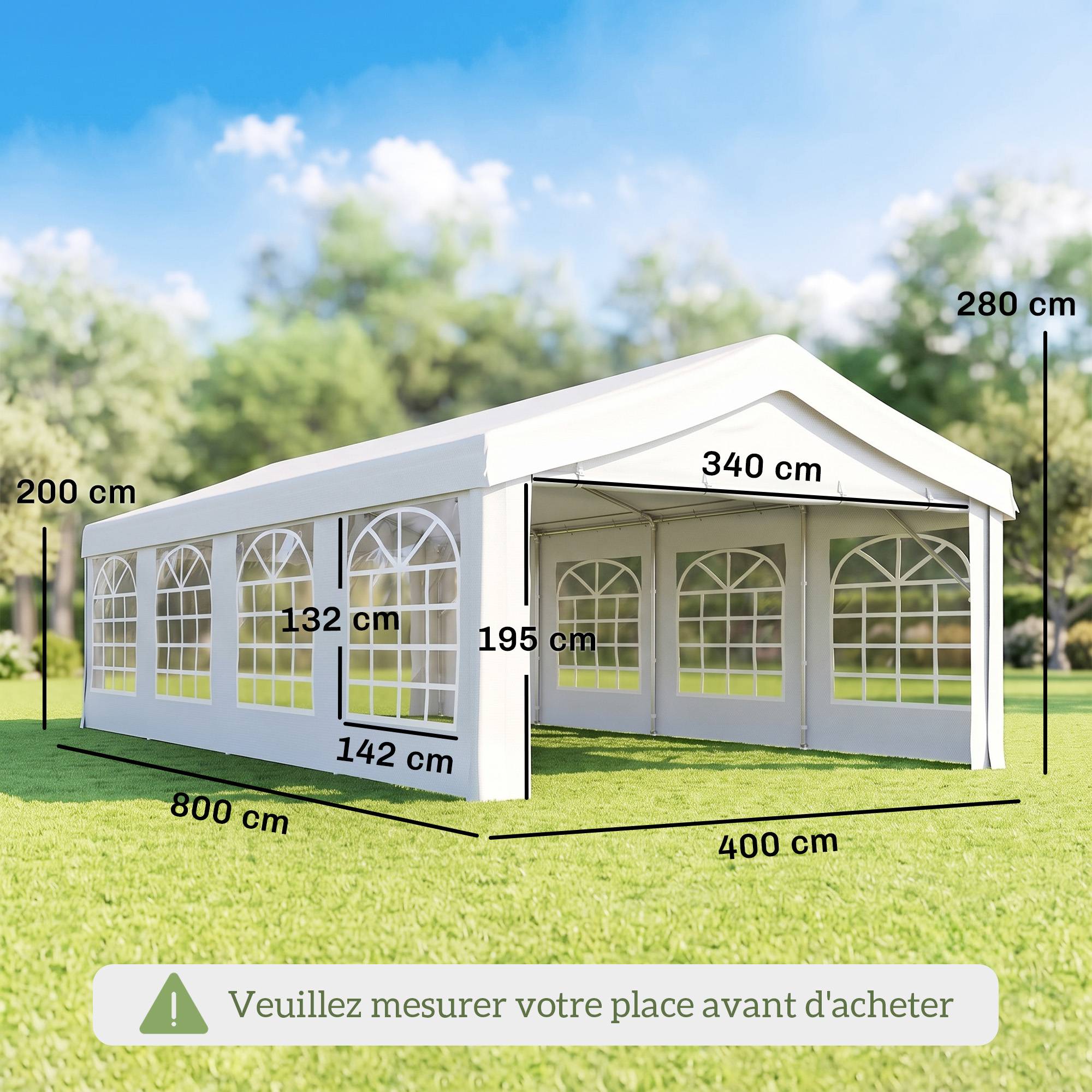 Tente de Réception de Jardin 4x8m, 8 Fenêtres, Cadre en Acier Galvanisé, Toile de Haute Qualité PE Blanc - Image 5