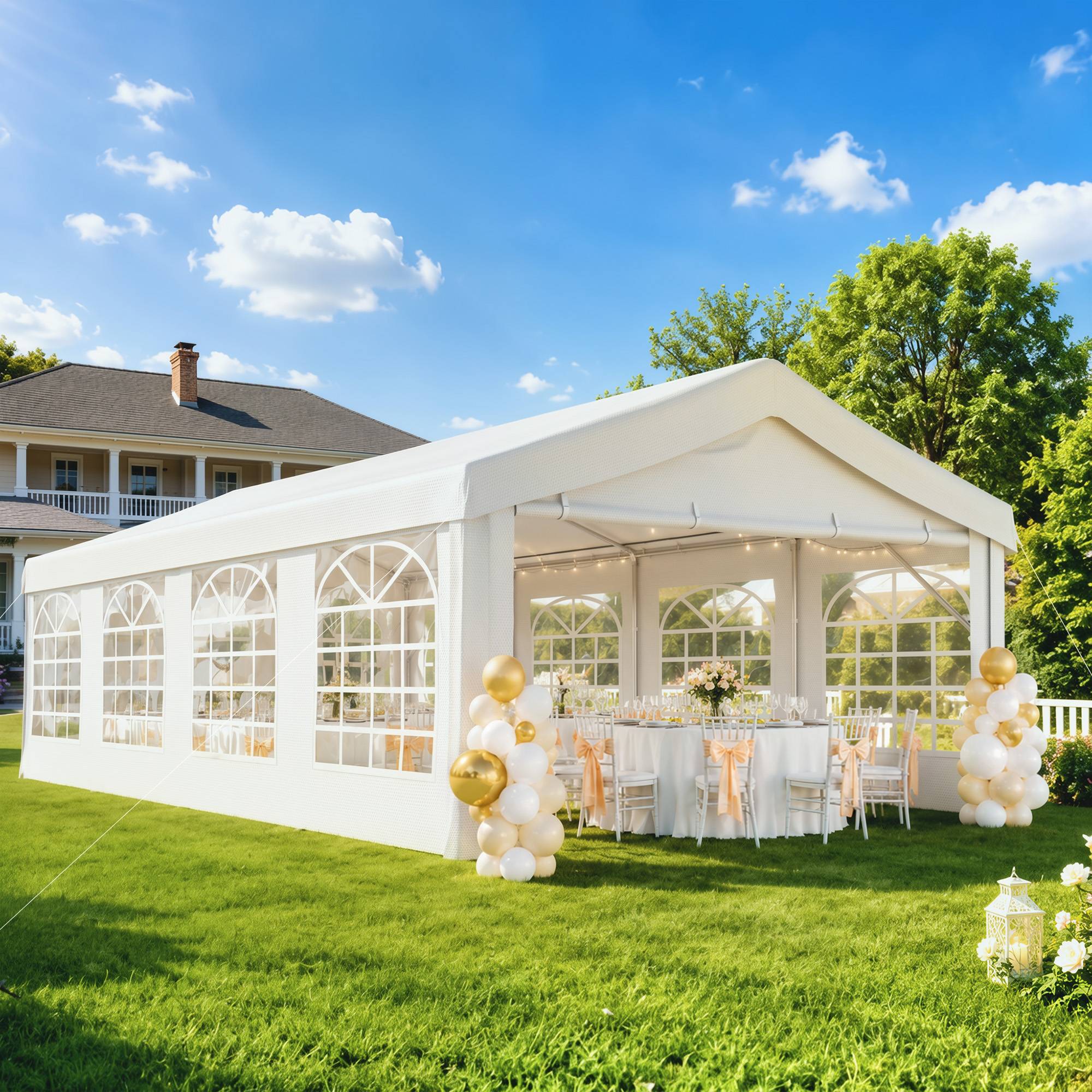 Tente de Réception de Jardin 4x8m, 8 Fenêtres, Cadre en Acier Galvanisé, Toile de Haute Qualité PE Blanc - Image 3
