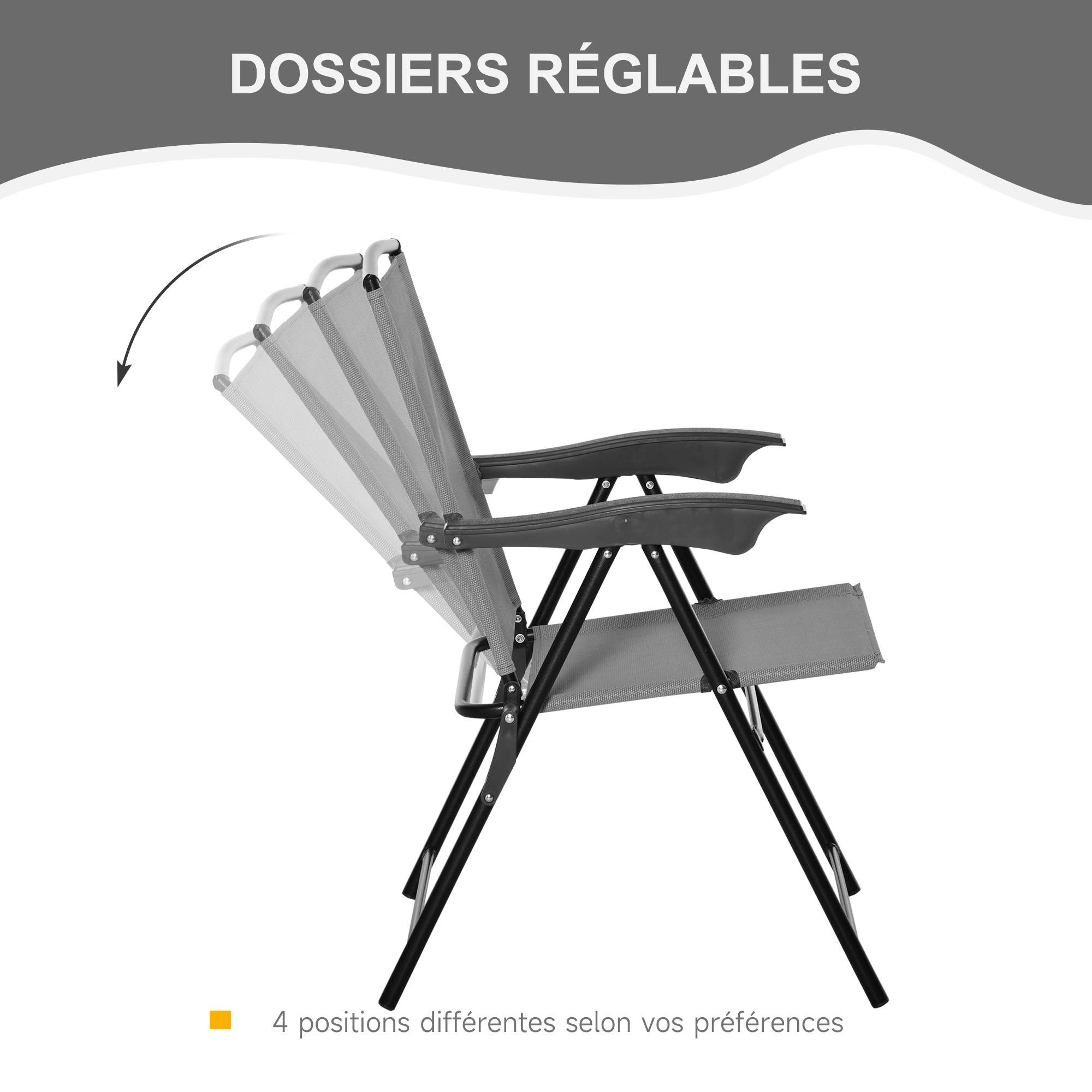 Outsunny - Ensemble Jardin 3 pièces 2 chaises inclinables multi-positions pliables + table ronde verre trempé métal textilène gris - Outsunny - Image 4