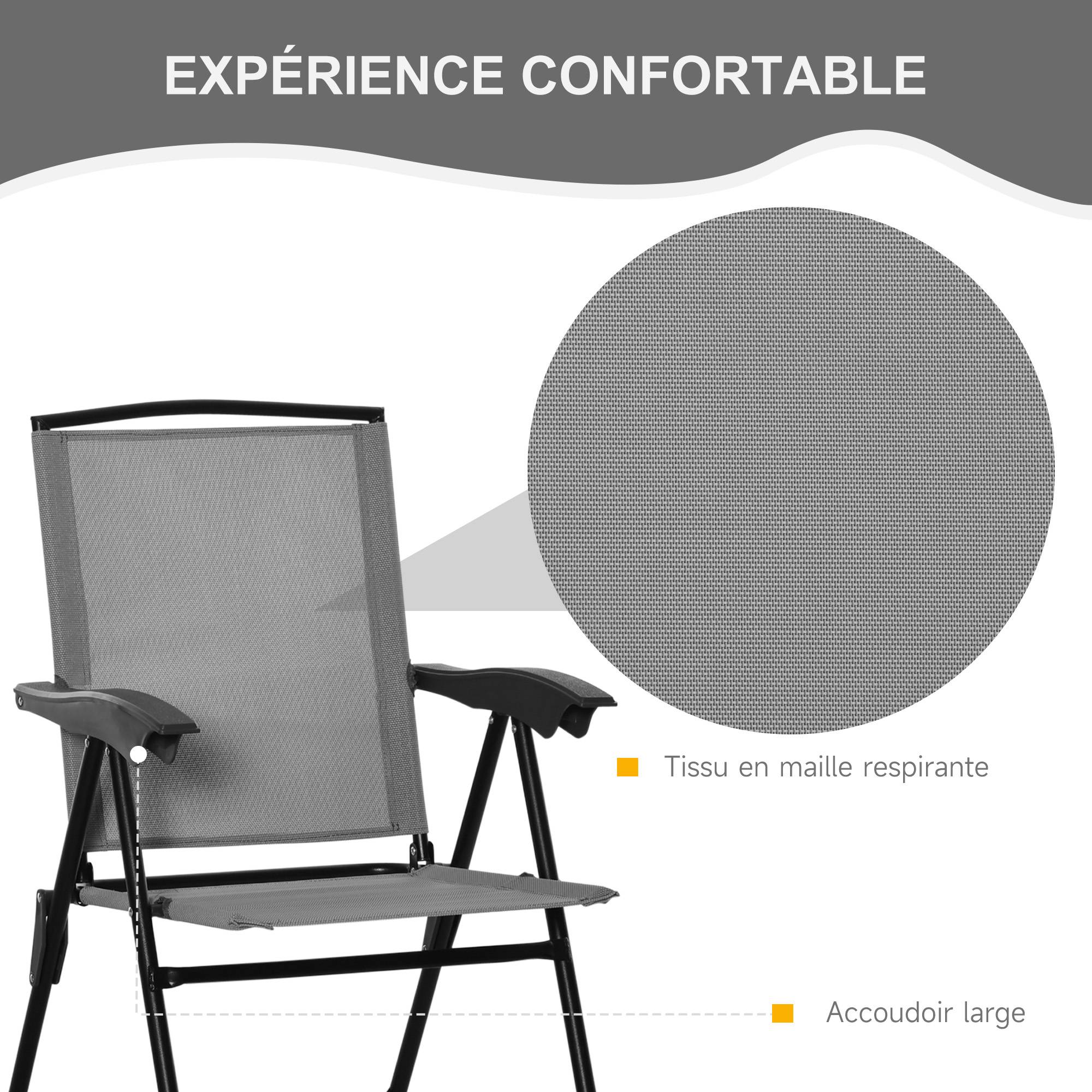 Outsunny - Ensemble Jardin 3 pièces 2 chaises inclinables multi-positions pliables + table ronde verre trempé métal textilène gris - Outsunny - Image 9