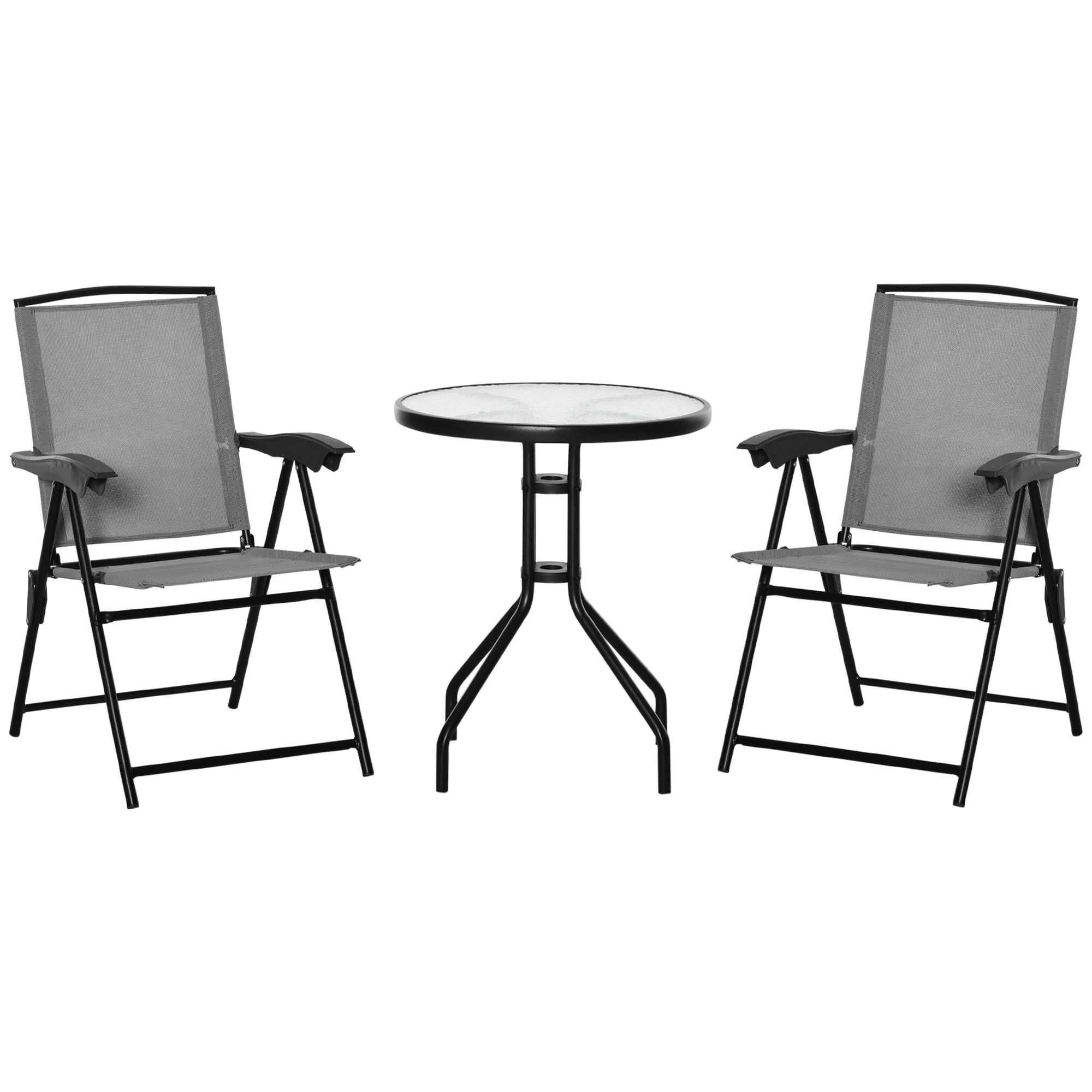 Outsunny - Ensemble Jardin 3 pièces 2 chaises inclinables multi-positions pliables + table ronde verre trempé métal textilène gris - Outsunny - Image 1