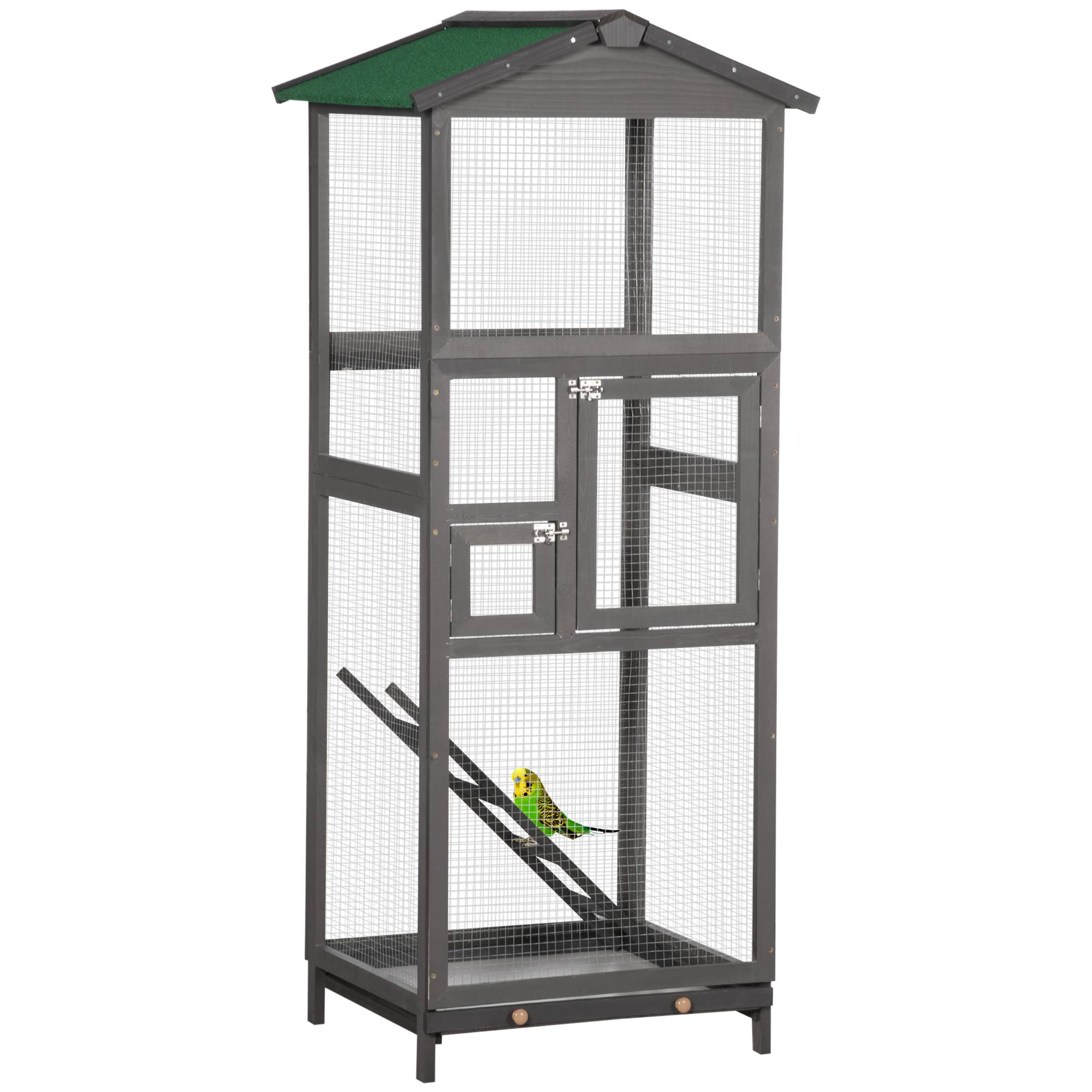 Pawhut - Cage à oiseaux volière grande taille 2 portes toit asphalte tiroir amovible bois gris - Image 1