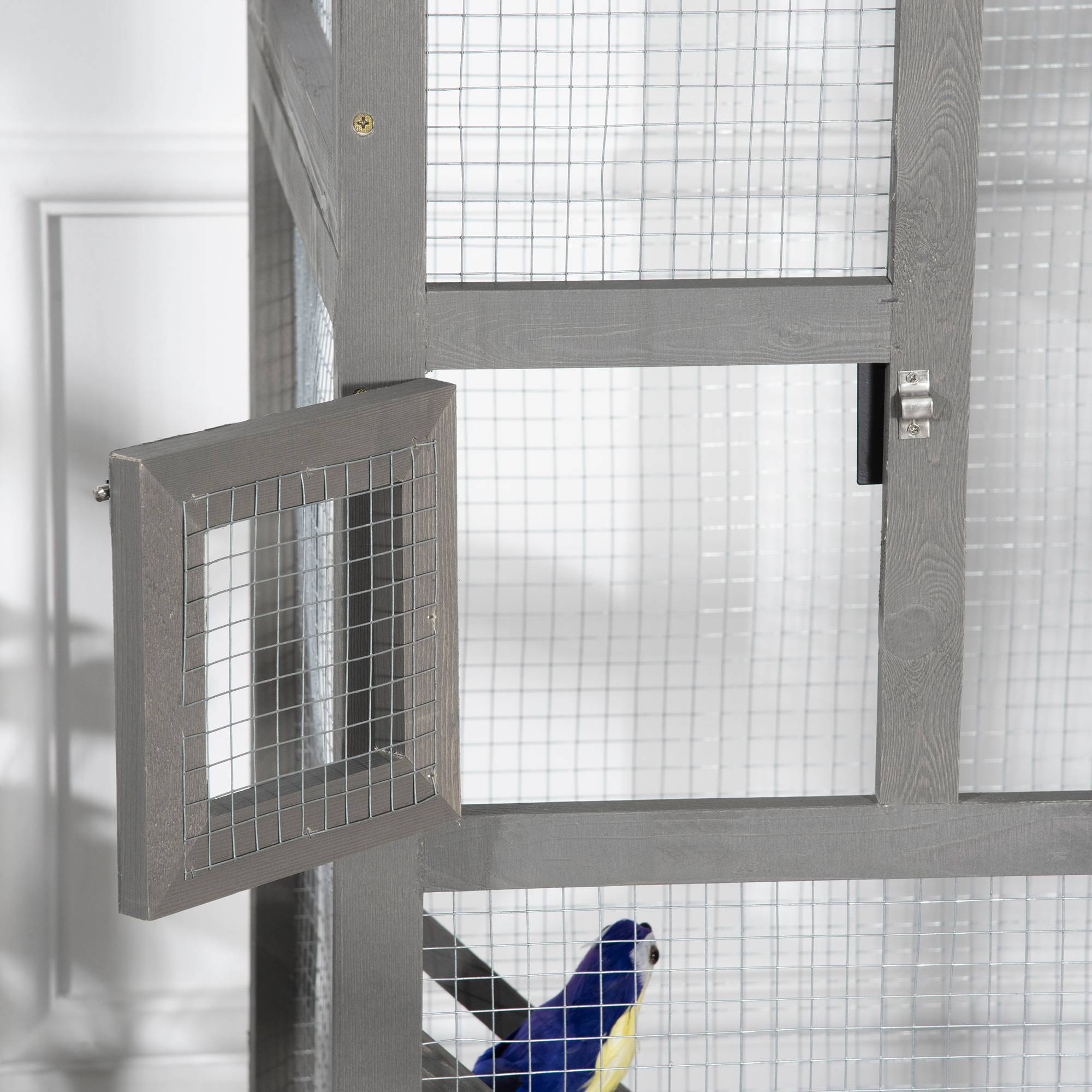 Pawhut - Cage à oiseaux volière grande taille 2 portes toit asphalte tiroir amovible bois gris - Image 9