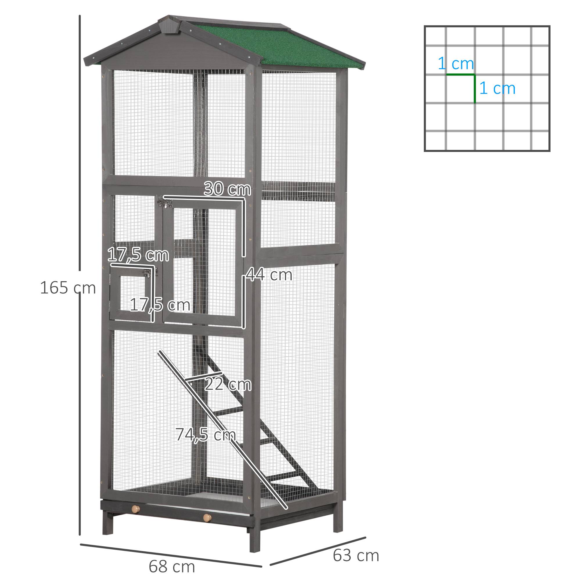 Pawhut - Cage à oiseaux volière grande taille 2 portes toit asphalte tiroir amovible bois gris - Image 3