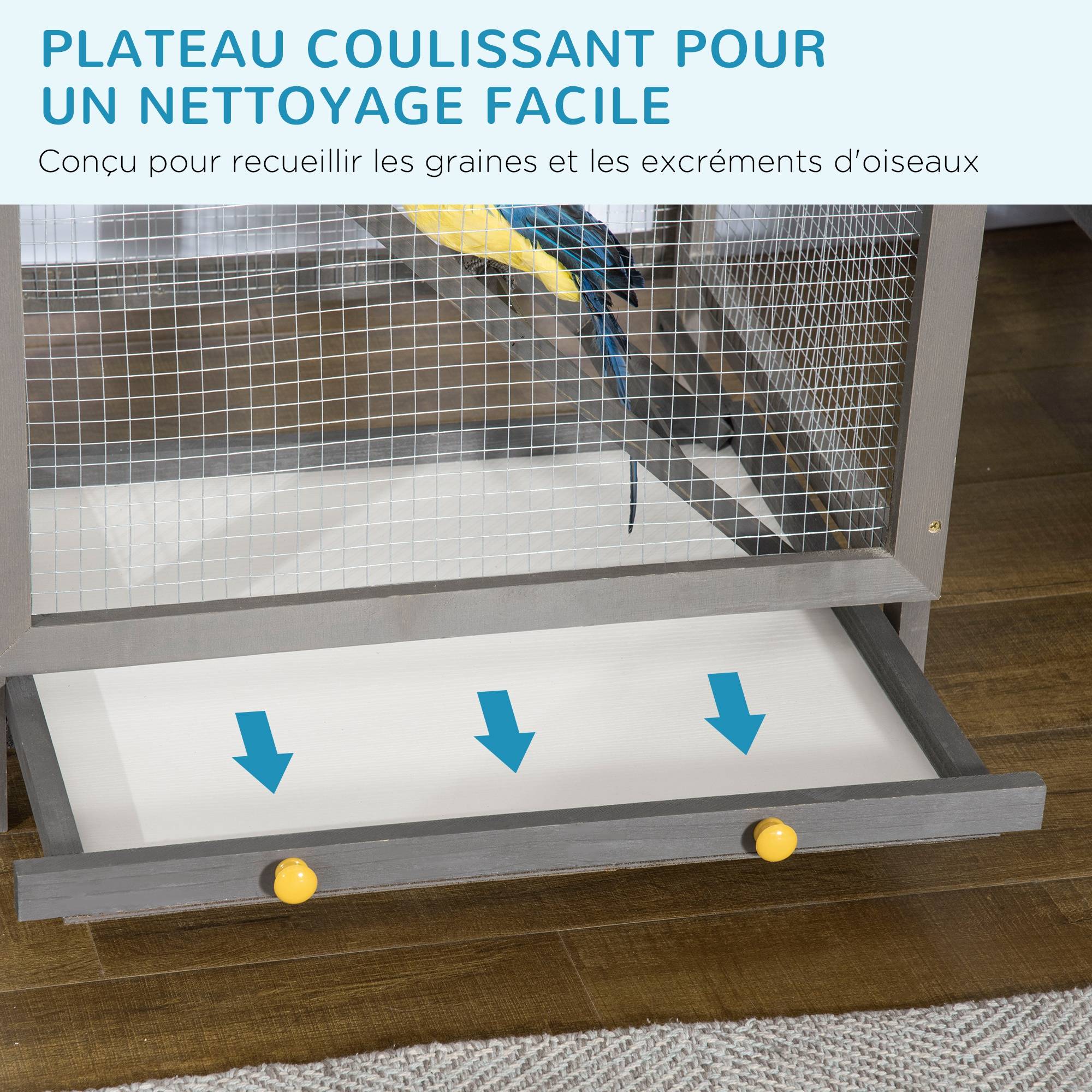 Pawhut - Cage à oiseaux volière grande taille 2 portes toit asphalte tiroir amovible bois gris - Image 4