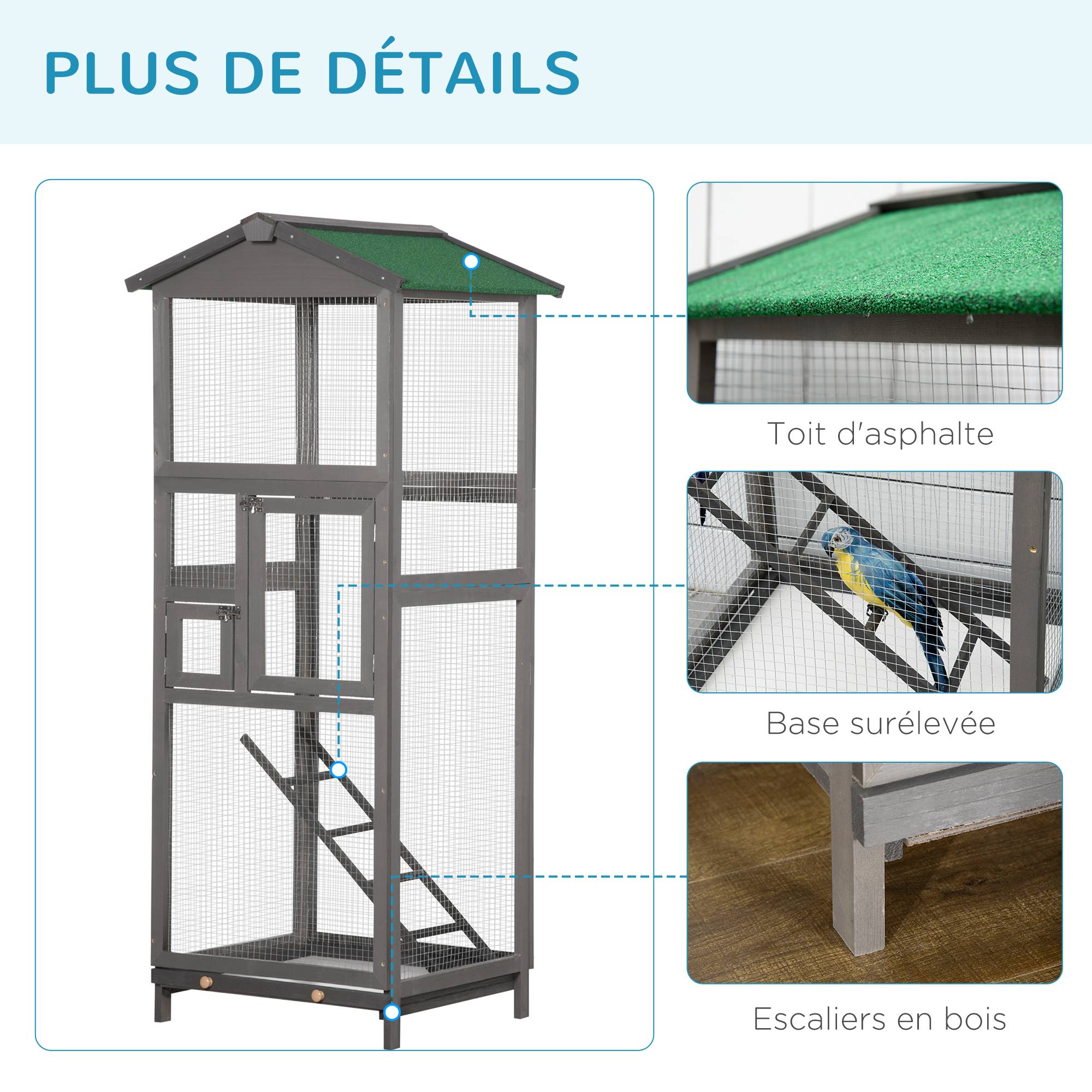 Pawhut - Cage à oiseaux volière grande taille 2 portes toit asphalte tiroir amovible bois gris - Image 7