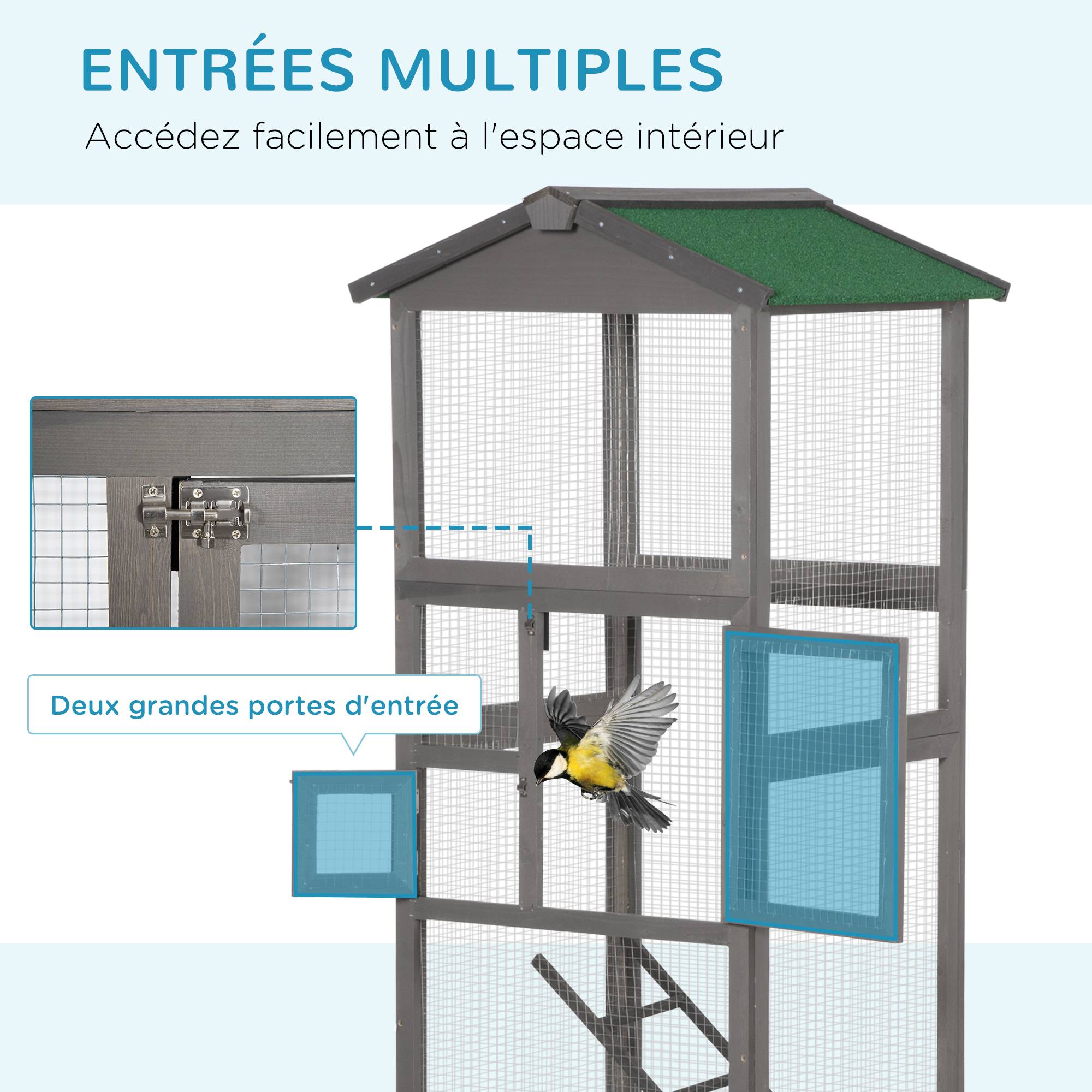 Pawhut - Cage à oiseaux volière grande taille 2 portes toit asphalte tiroir amovible bois gris - Image 5