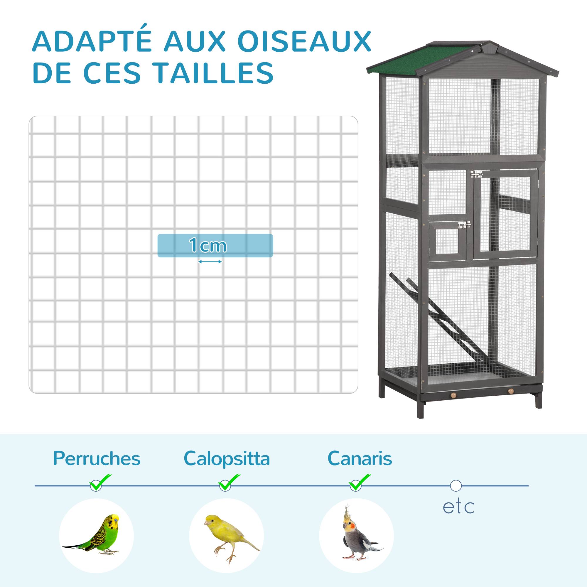 Pawhut - Cage à oiseaux volière grande taille 2 portes toit asphalte tiroir amovible bois gris - Image 6