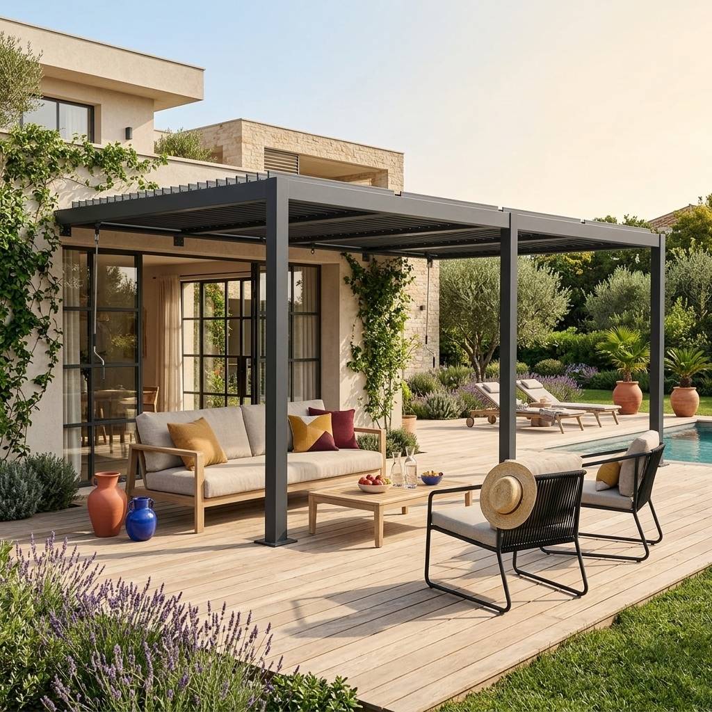 sweeek - Pergola bioclimatique aluminium adossée lames orientables 5x3m anthracite Palace | sweeek - Image 1
