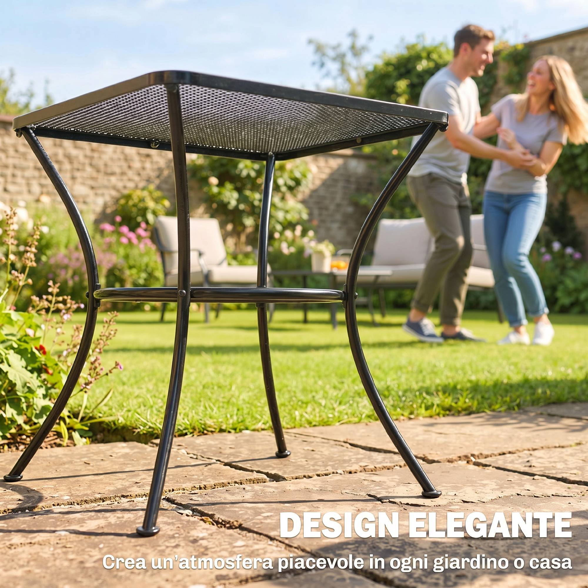 Table de jardin carrée en acier avec plateau perforé, 45 x 45 x 50 cm, noire - Image 6