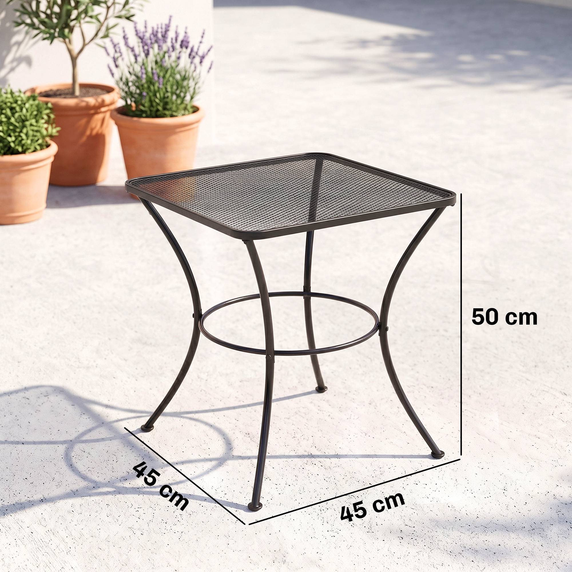 Table de jardin carrée en acier avec plateau perforé, 45 x 45 x 50 cm, noire - Image 5