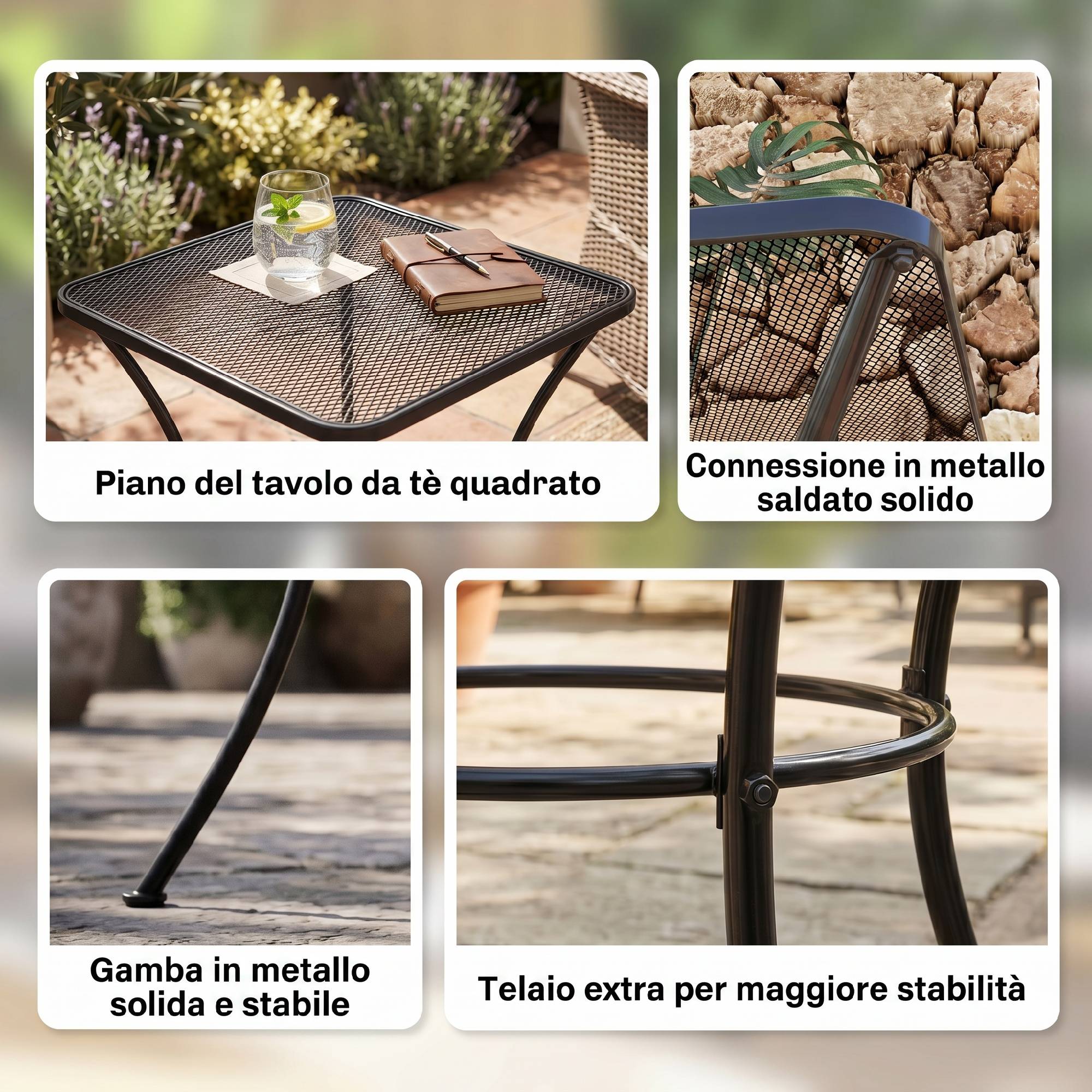 Table de jardin carrée en acier avec plateau perforé, 45 x 45 x 50 cm, noire - Image 7